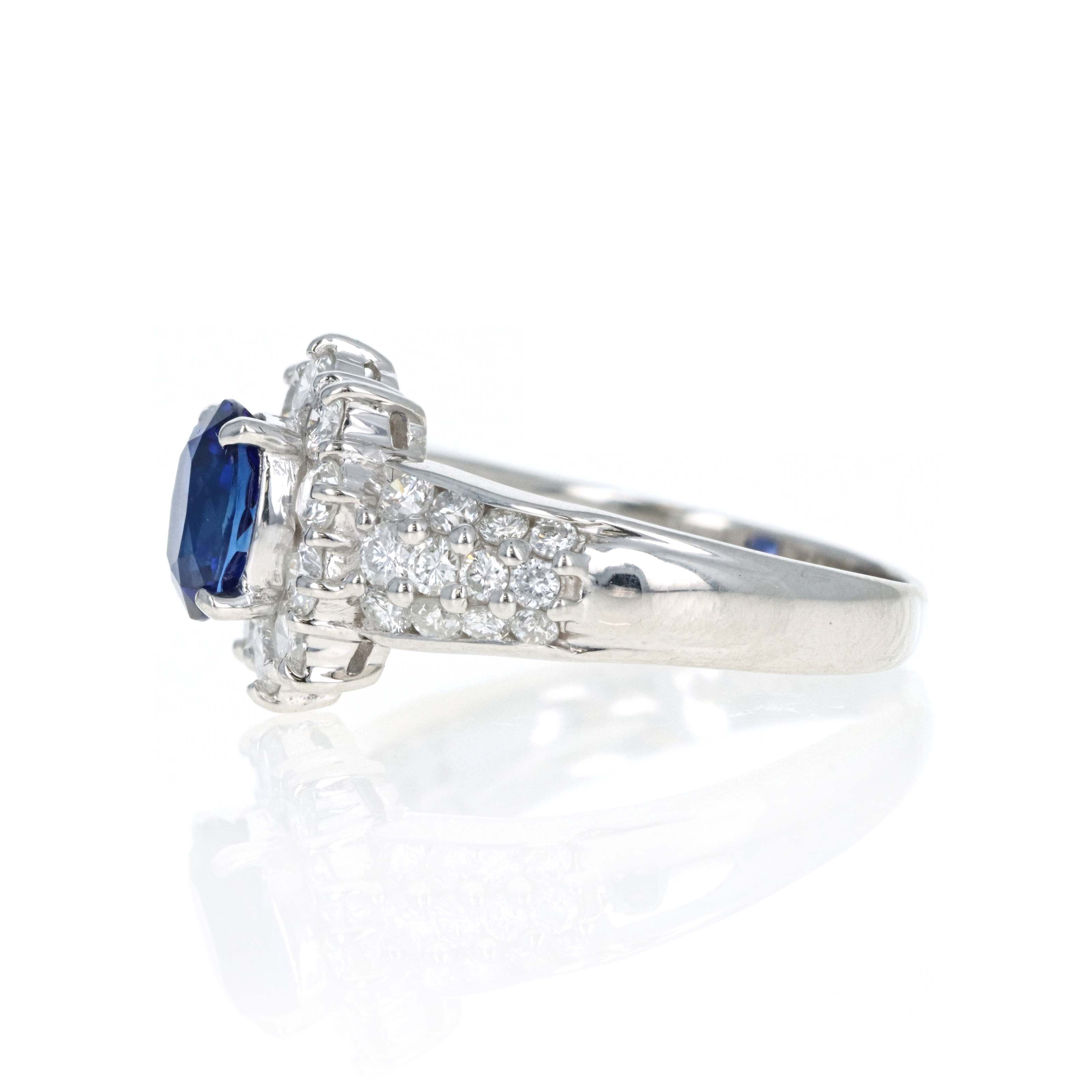 Platinum 1.42 Carat Oval Sapphire Diamond Halo Pave Accented Ring - Queen May