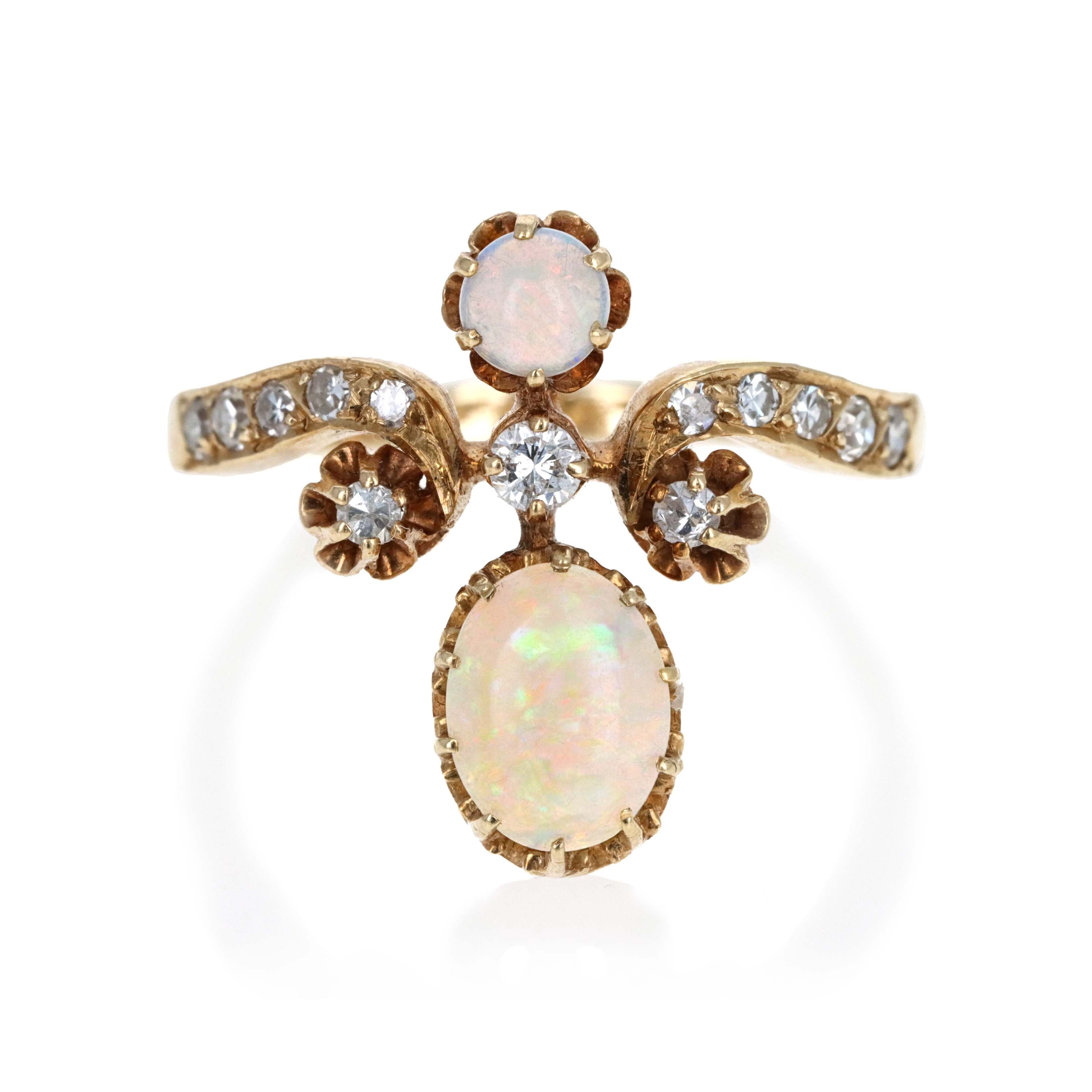 Victorian Inspired 14K Yellow Gold Opal Diamond Tiara Ring