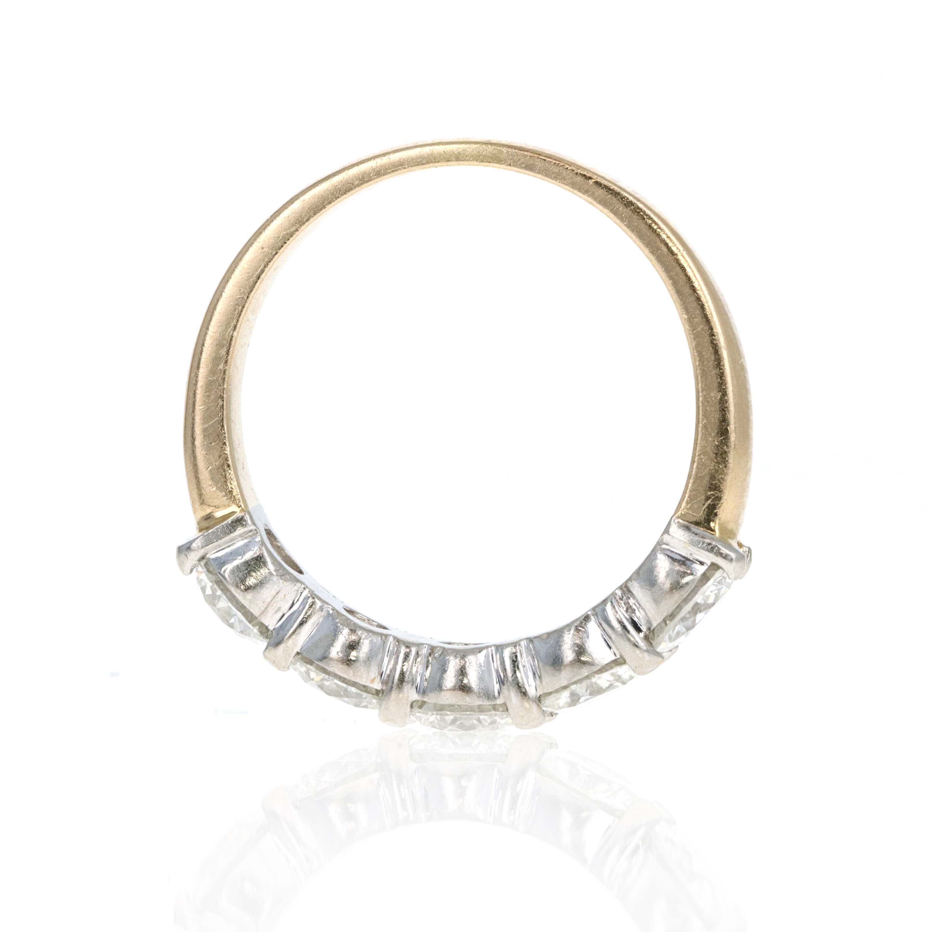 14K Yellow Gold Platinum 1.75 Carat Round Diamond Five Stone Wedding Band - Queen May