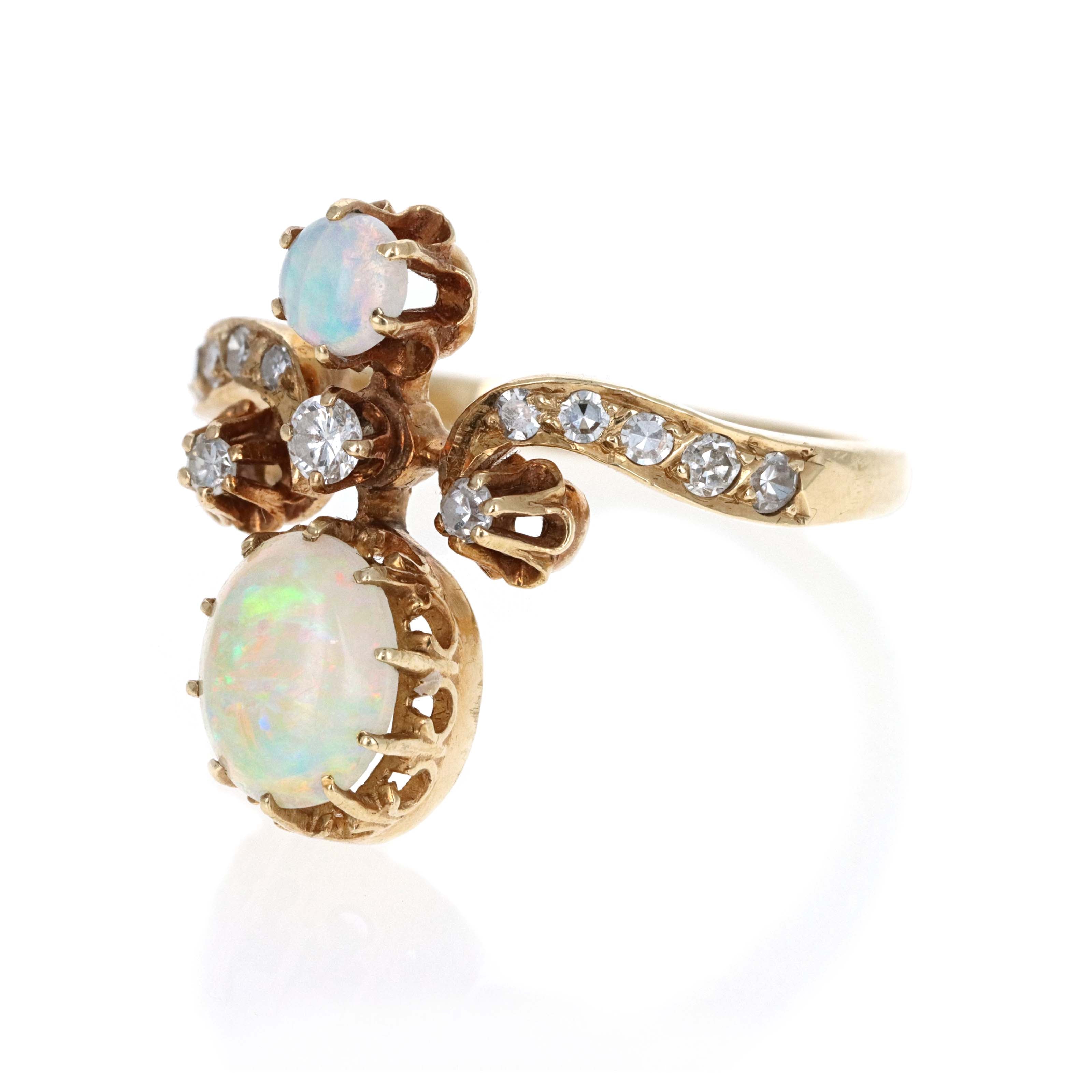 Victorian Inspired 14K Yellow Gold Opal Diamond Tiara Ring