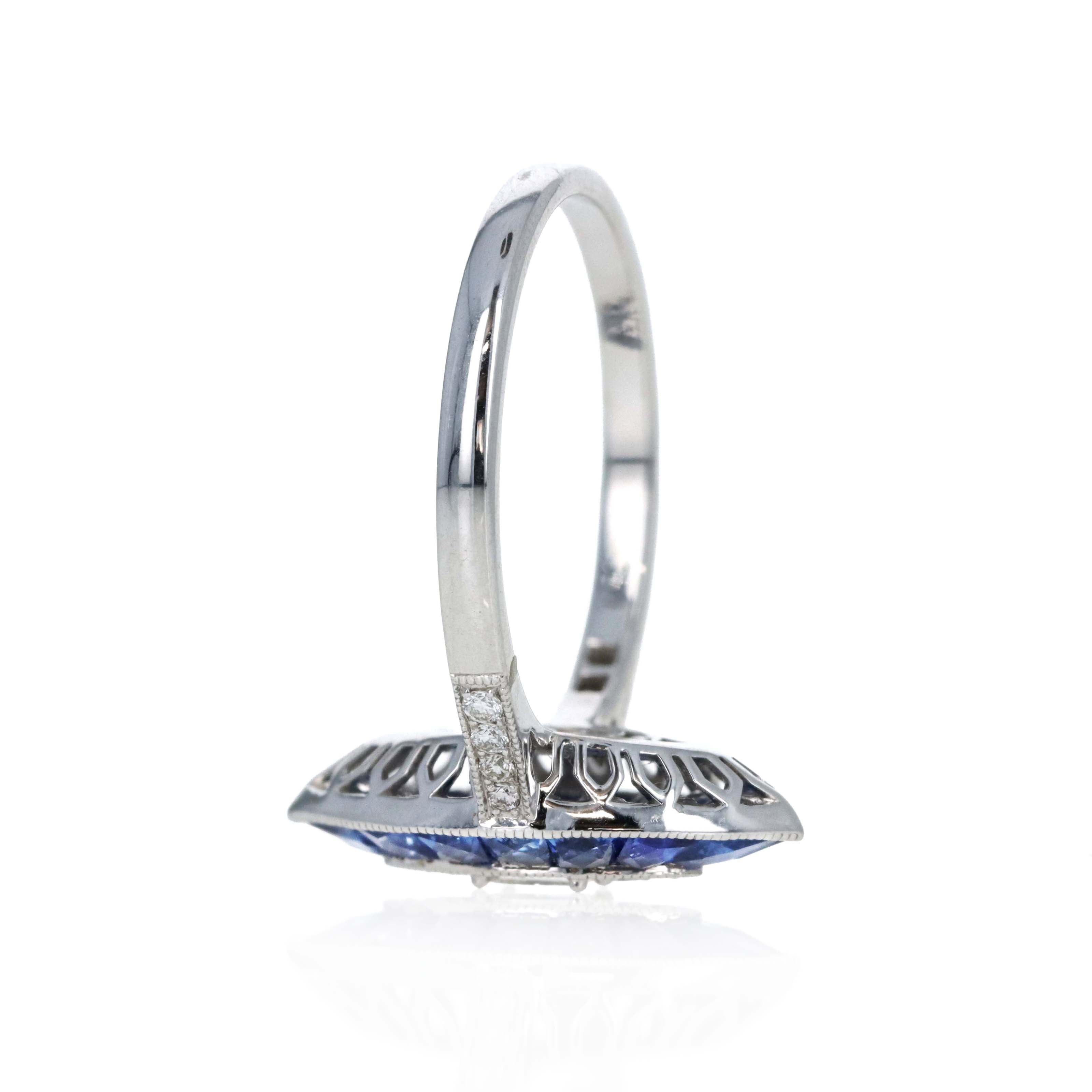Art Deco Inspired 18K White Gold Princess Diamond Sapphire Halo Marquise Ring - Queen May