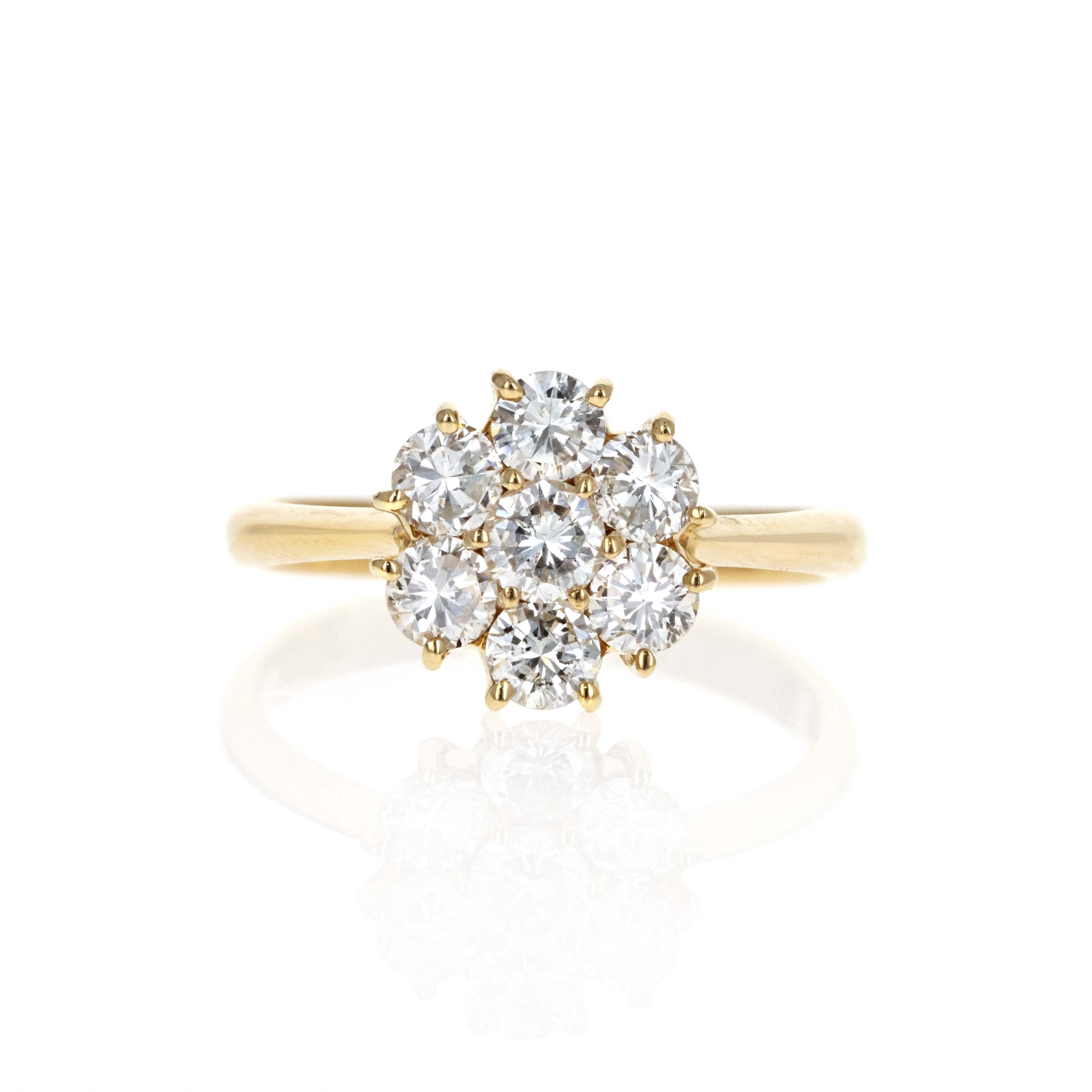 18K Yellow Gold 1.01 Carat Diamond Flower Cluster Ring