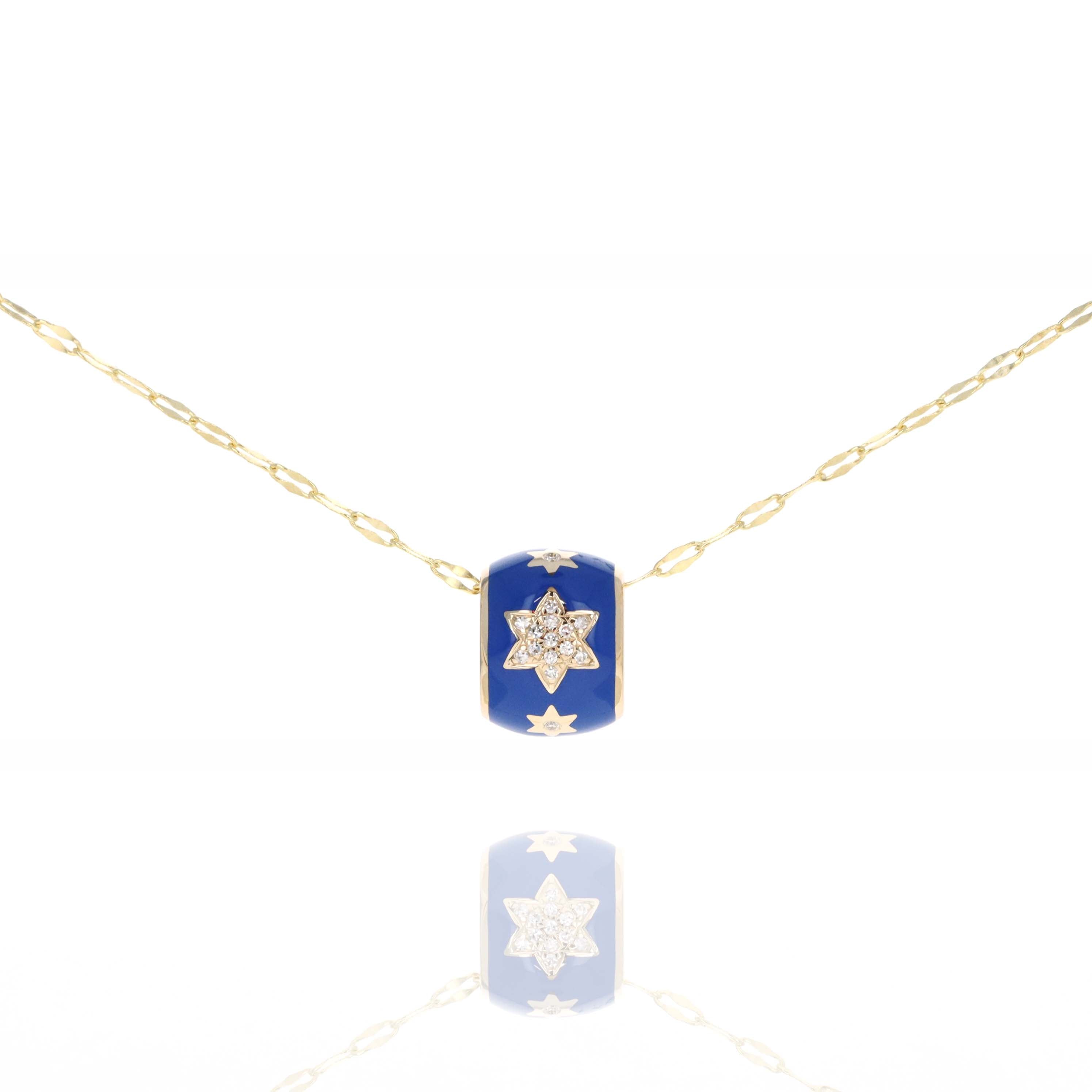 14K Yellow Gold 0.06 Carat Diamond Star Of David Enamel Pendant Necklace - Queen May