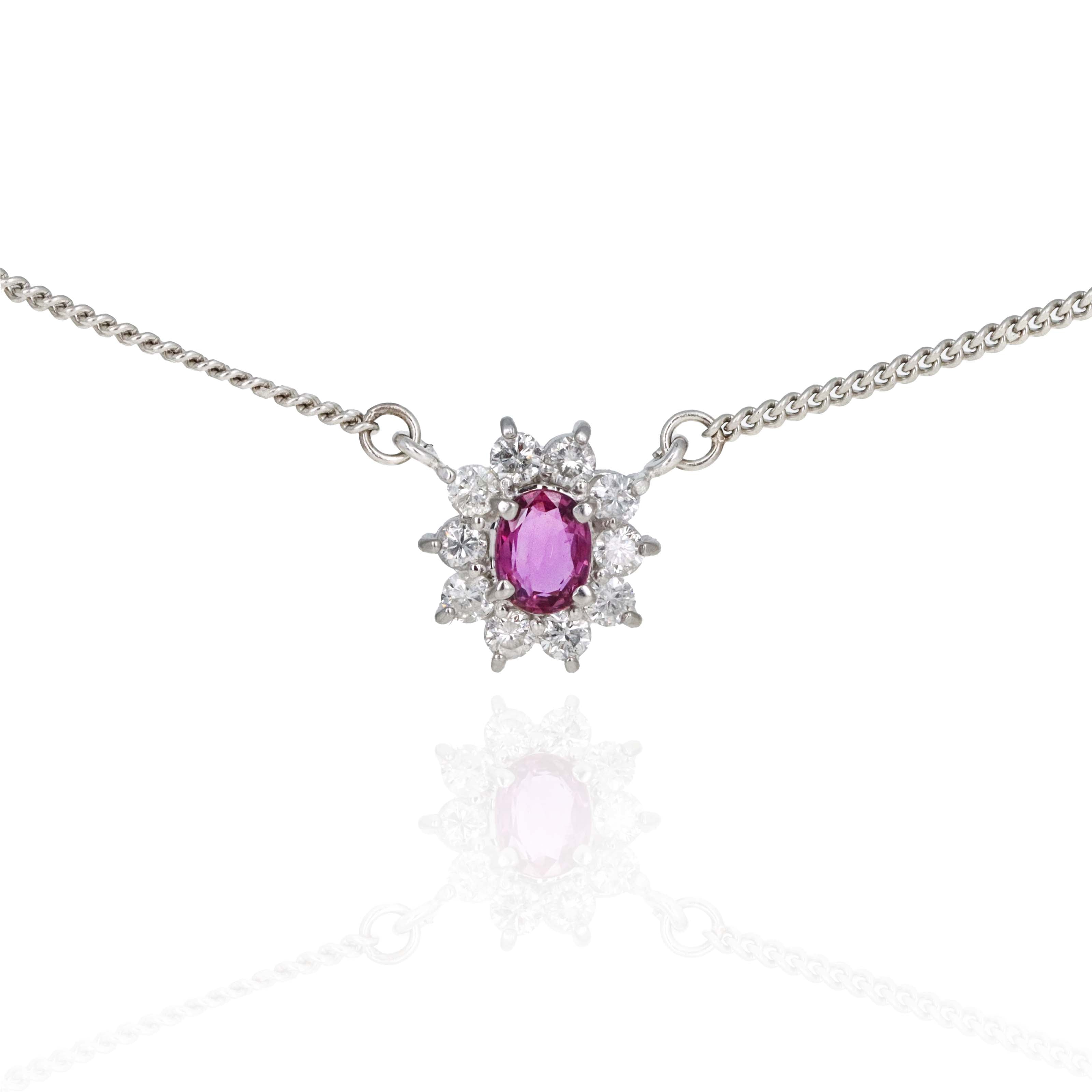 Platinum 0.34 Carat Oval Pink Sapphire Diamond Halo Pendant Necklace