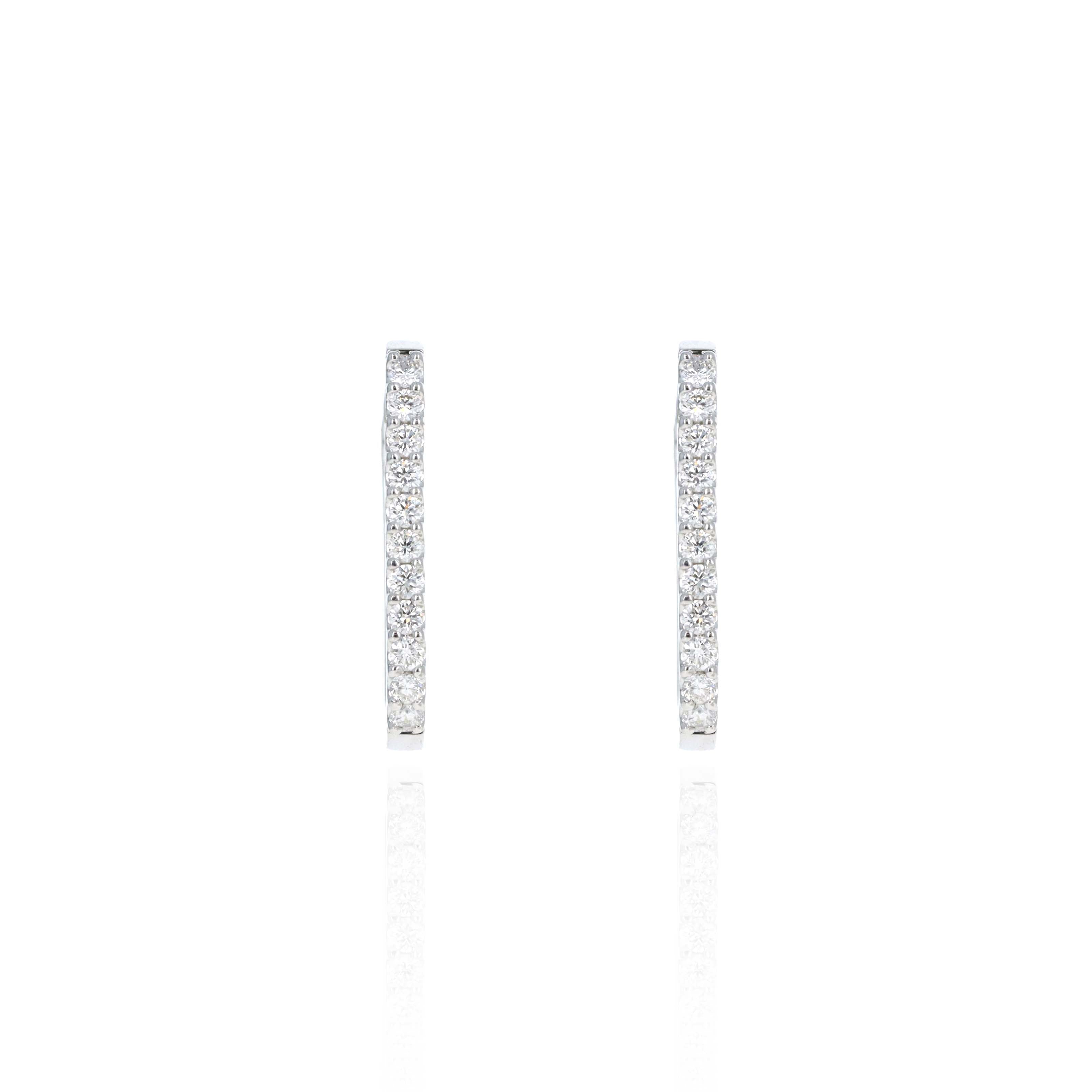 14K White Gold Diamond Rectangular Hoop Earrings