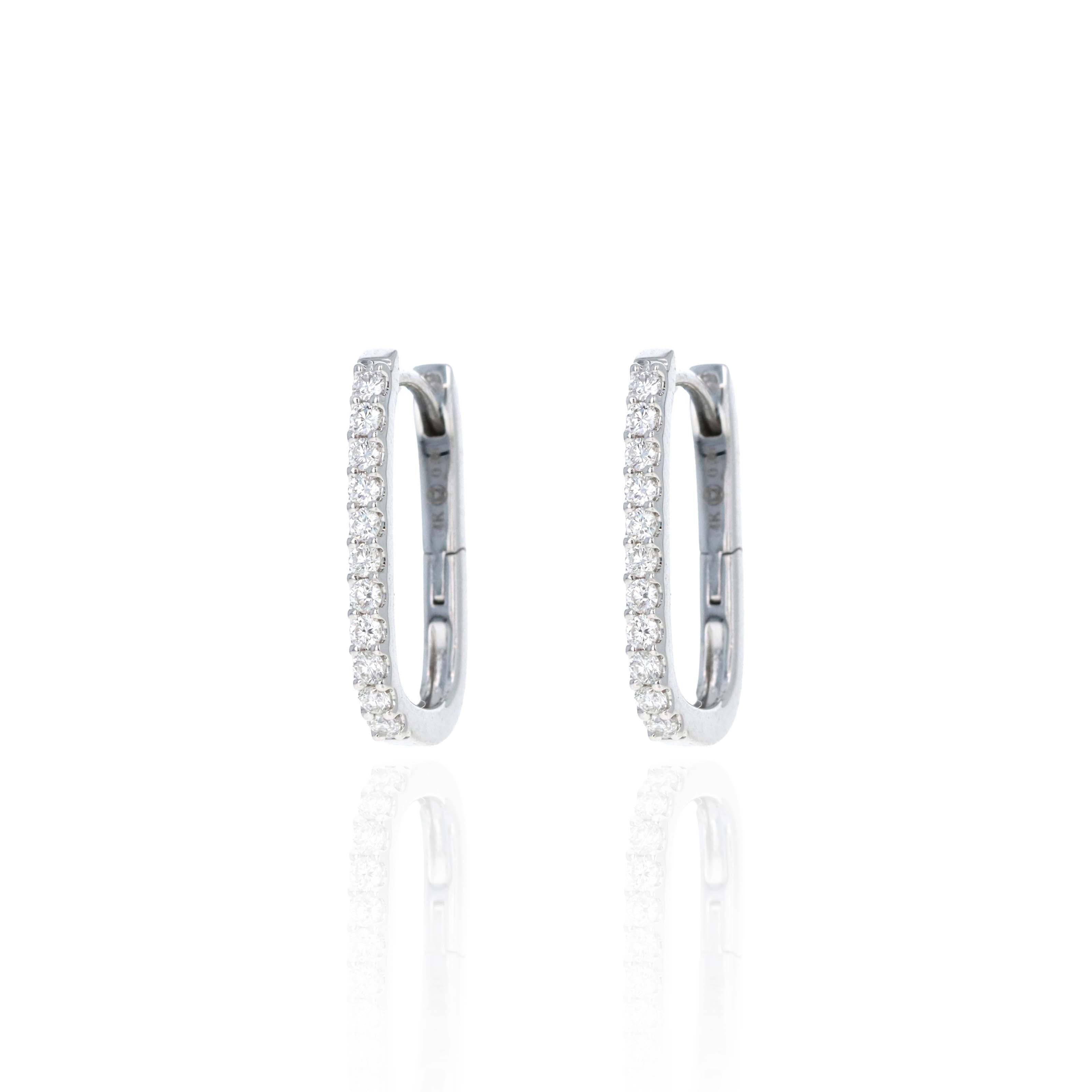 14K White Gold Diamond Rectangular Hoop Earrings