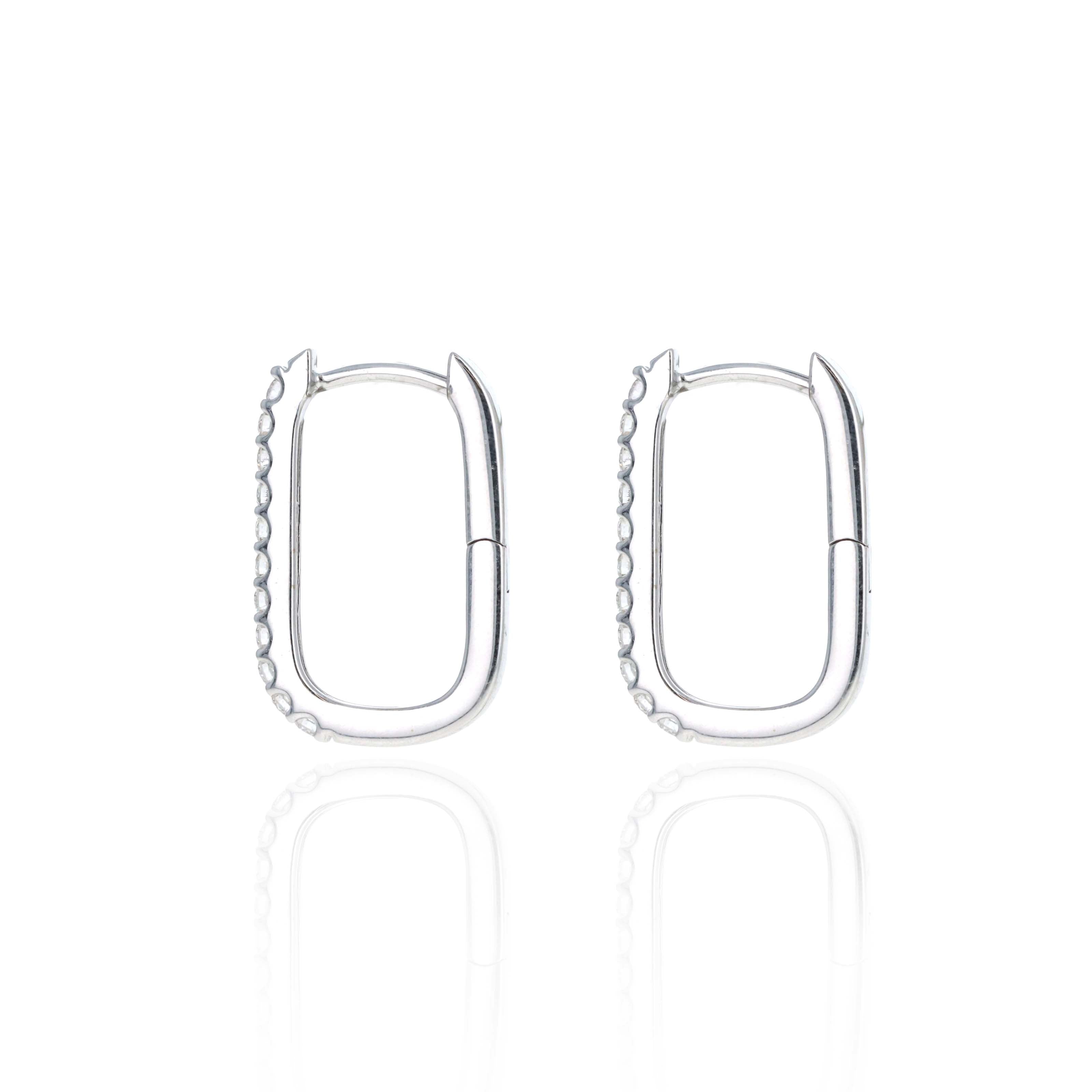 14K White Gold Diamond Rectangular Hoop Earrings