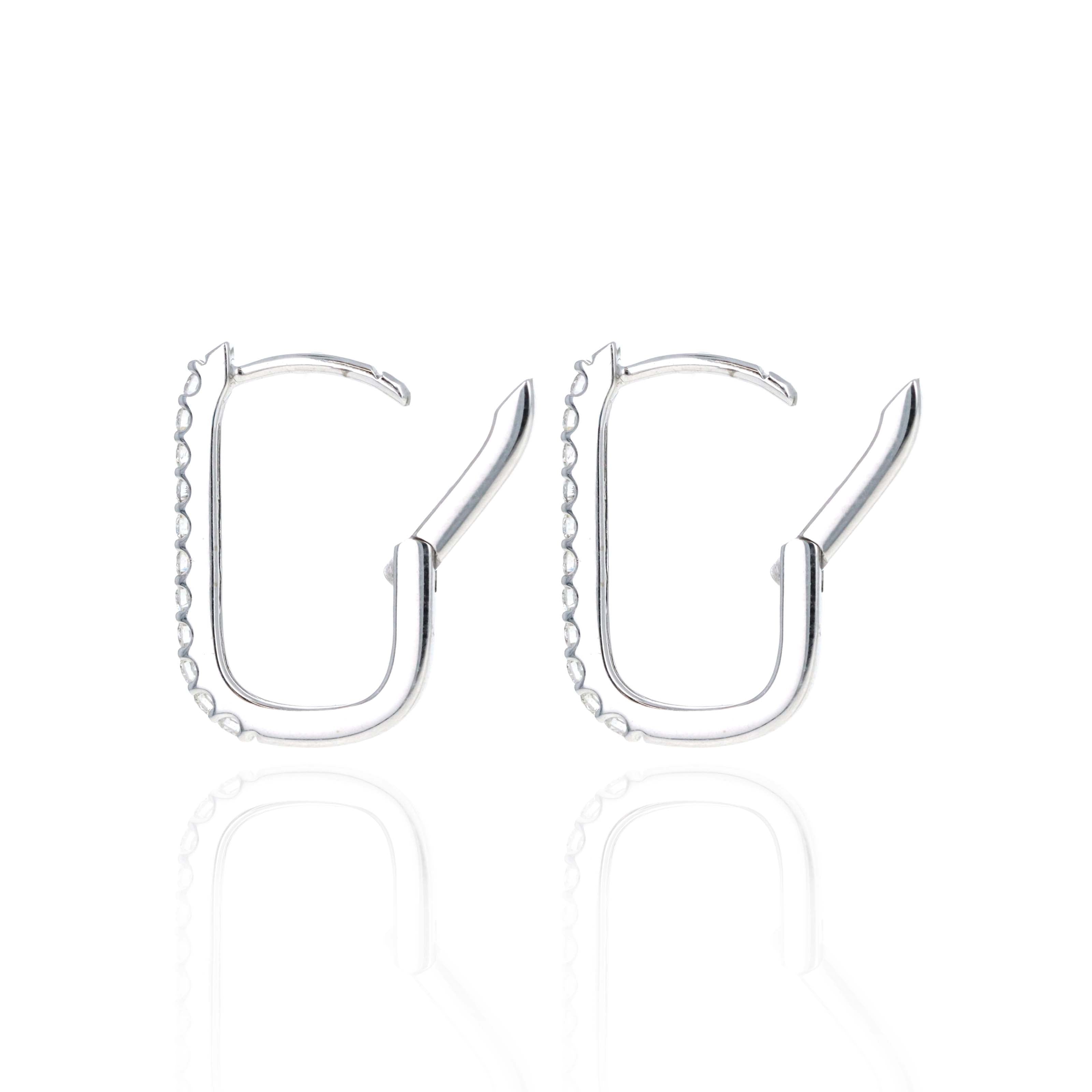 14K White Gold Diamond Rectangular Hoop Earrings