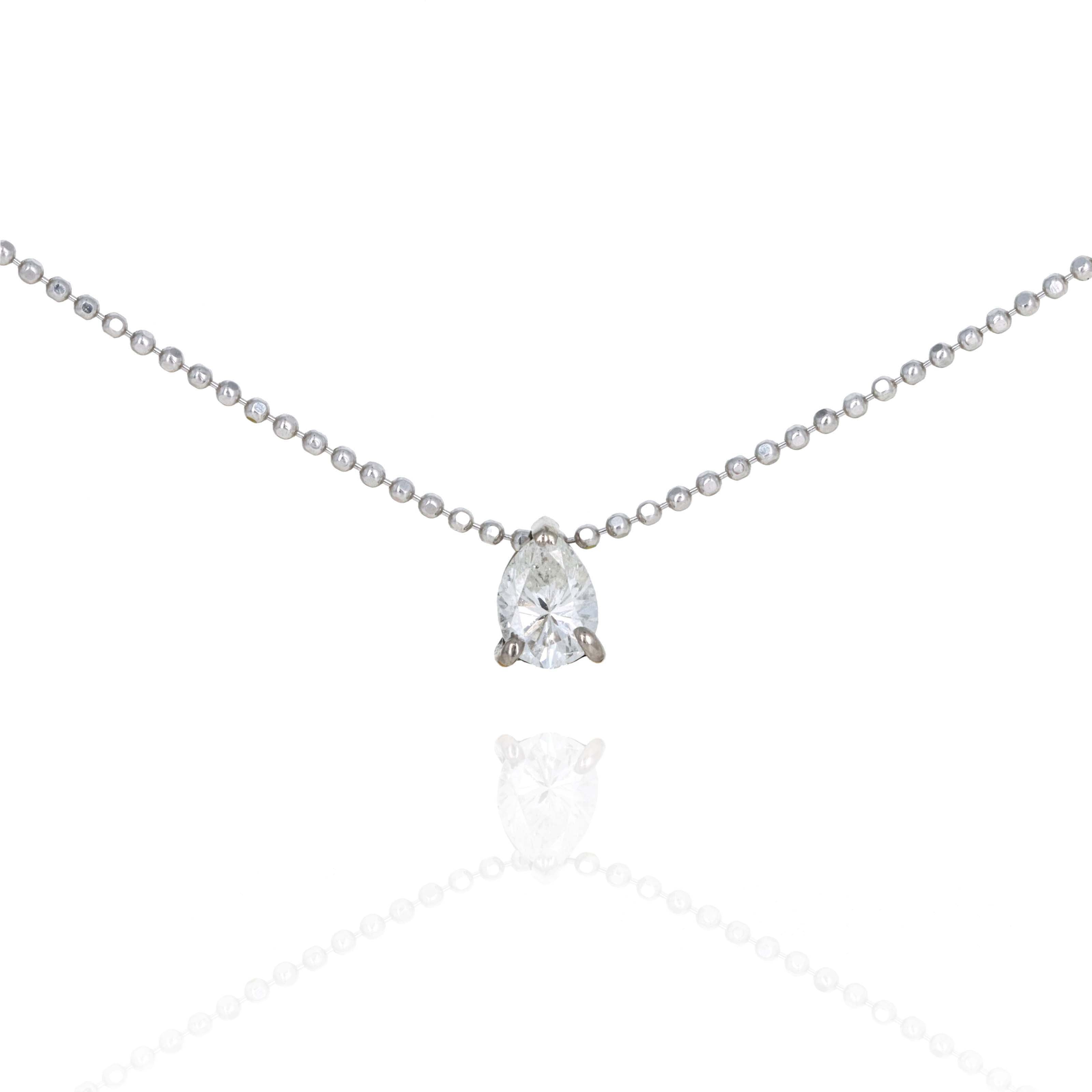 18K White Gold 0.40 Carat Pear Diamond Bead Chain Pendant Necklace