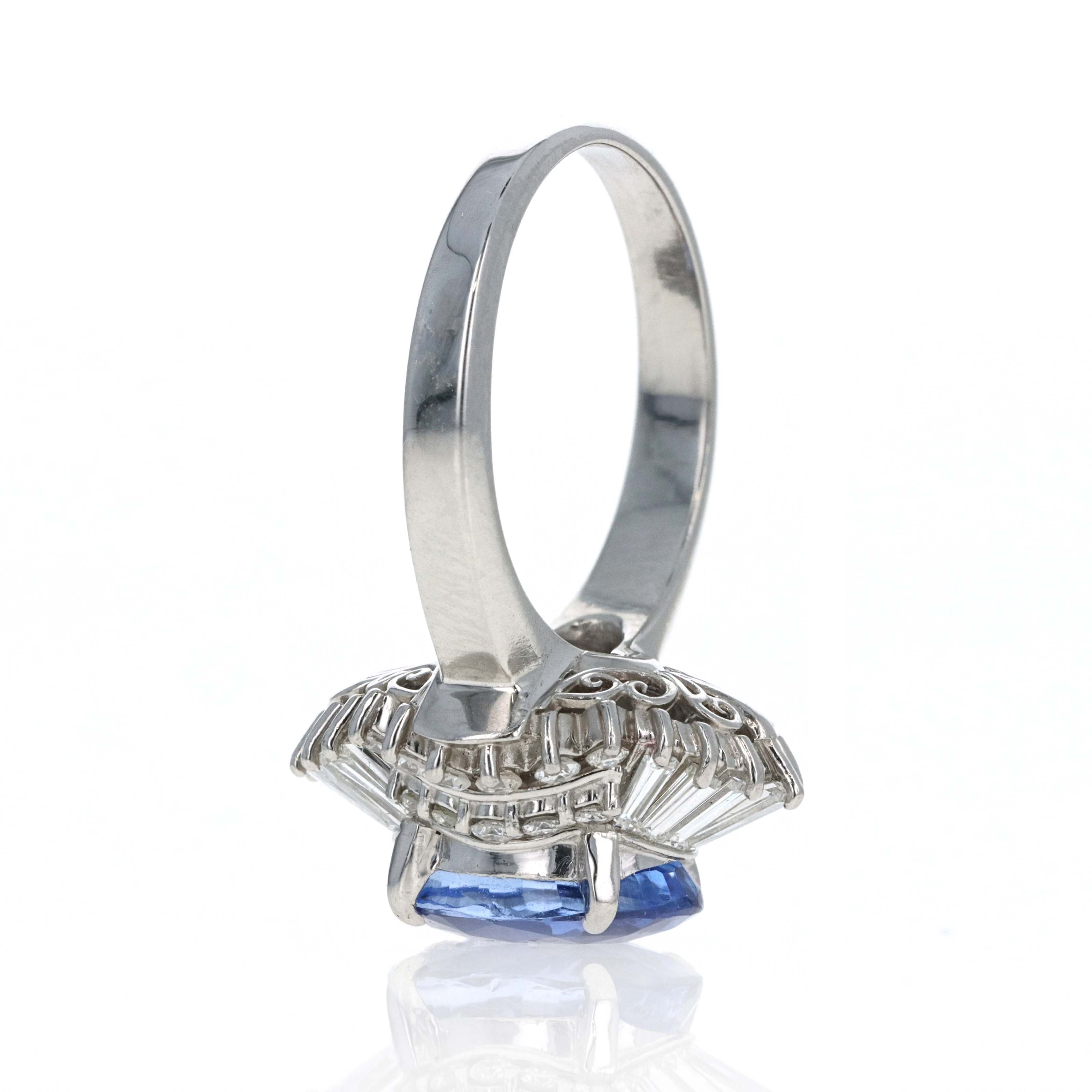 Retro Style Platinum 3.42 Carat Oval ''Corn Flower'' Blue Ceylon Sapphire Diamond Fan Ring - Queen May