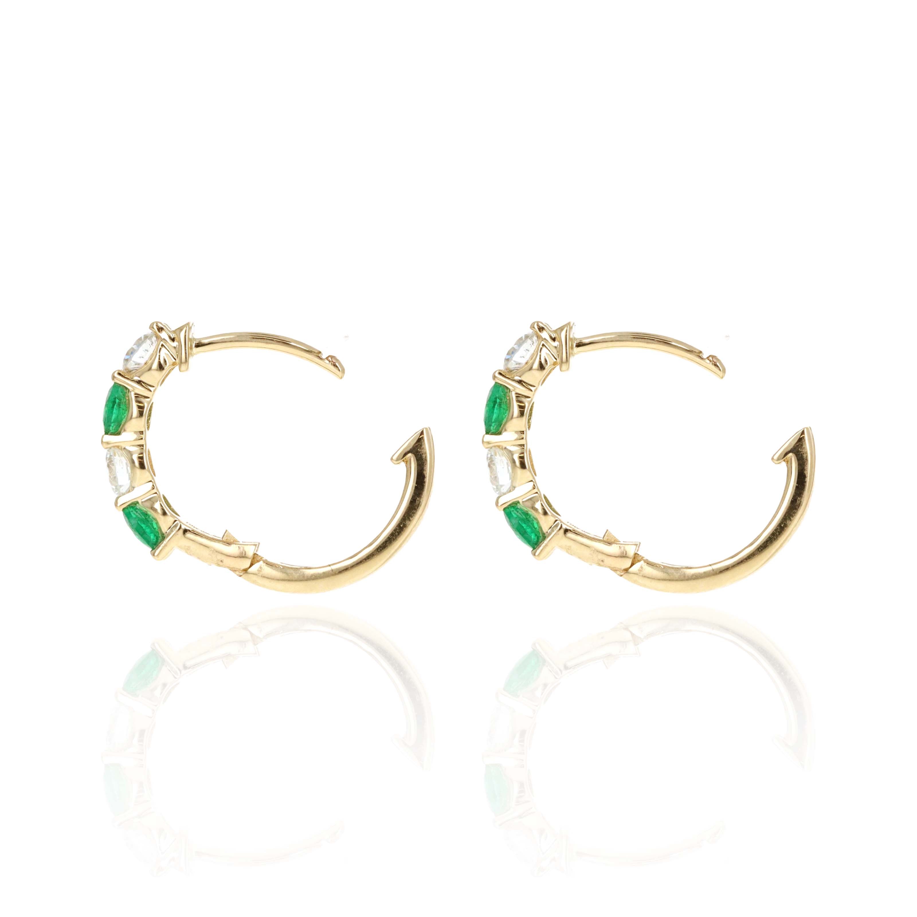 14K Yellow Gold Diamond & Emerald Huggie Hoop Earrings - Queen May