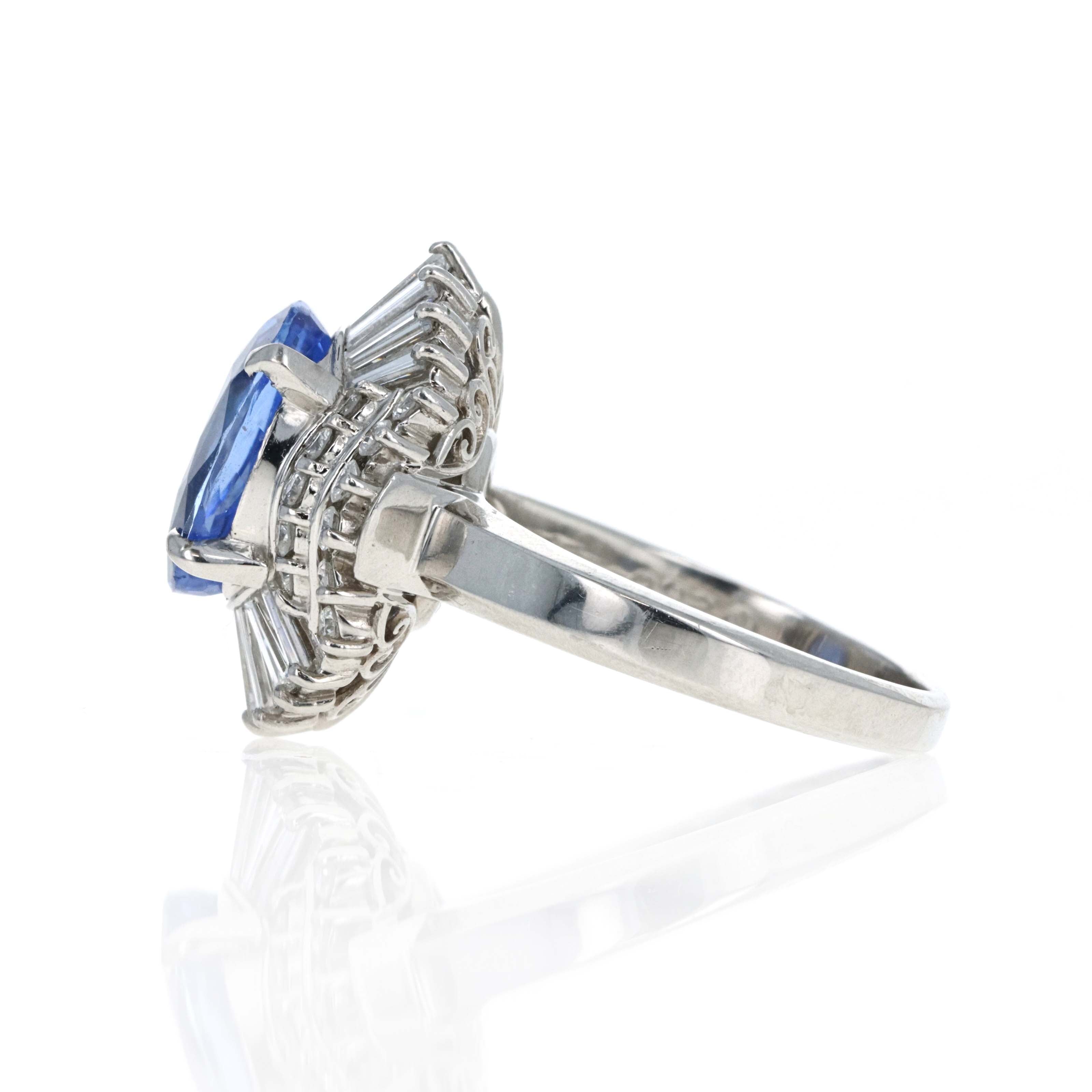 Retro Style Platinum 3.42 Carat Oval ''Corn Flower'' Blue Ceylon Sapphire Diamond Fan Ring - Queen May