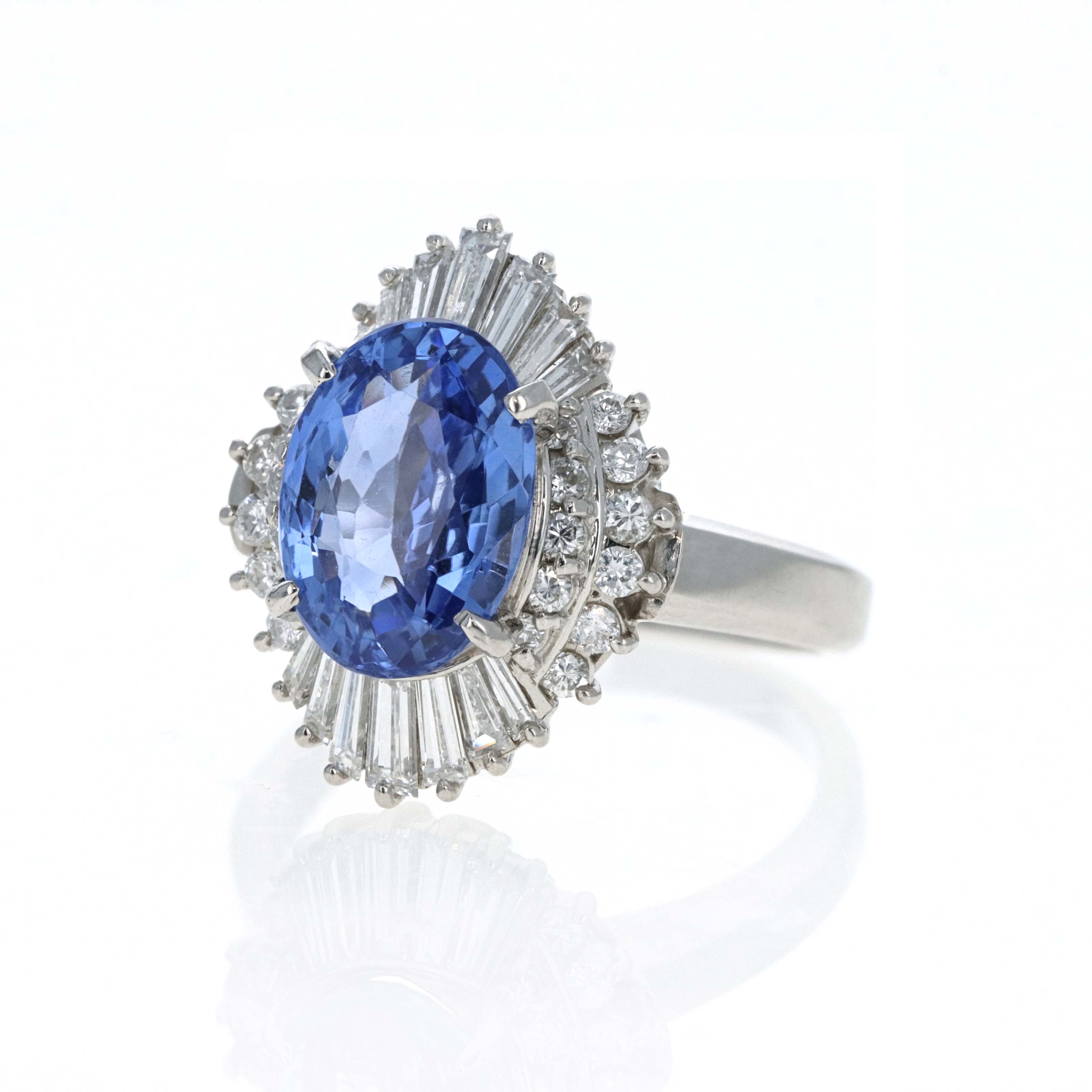 Retro Style Platinum 3.42 Carat Oval ''Corn Flower'' Blue Ceylon Sapphire Diamond Fan Ring - Queen May