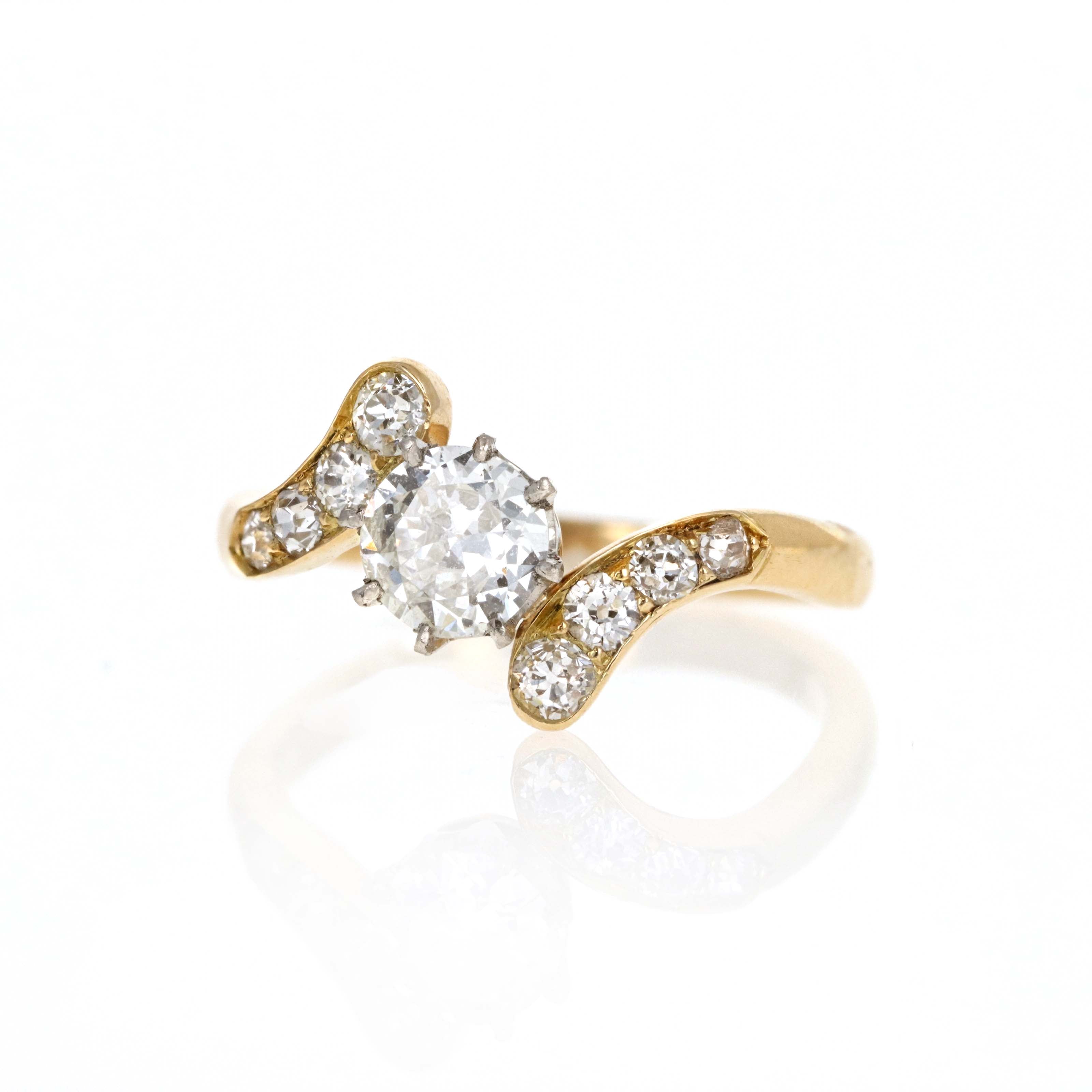 Victorian Inspired 18K Yellow Gold 0.50 Carat Old European Cut Diamond "Toi et Moi" Ring