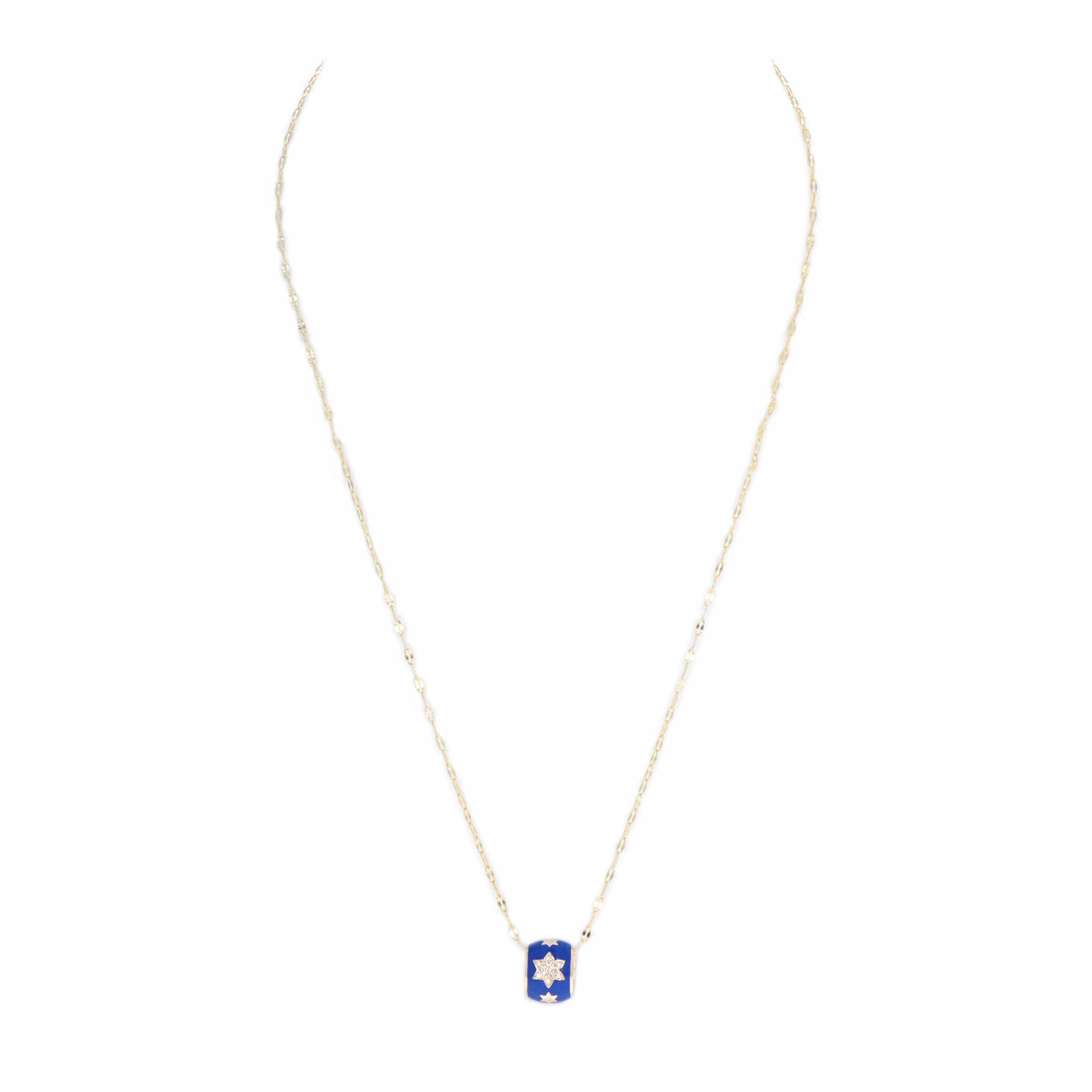 14K Yellow Gold 0.06 Carat Diamond Star Of David Enamel Pendant Necklace - Queen May