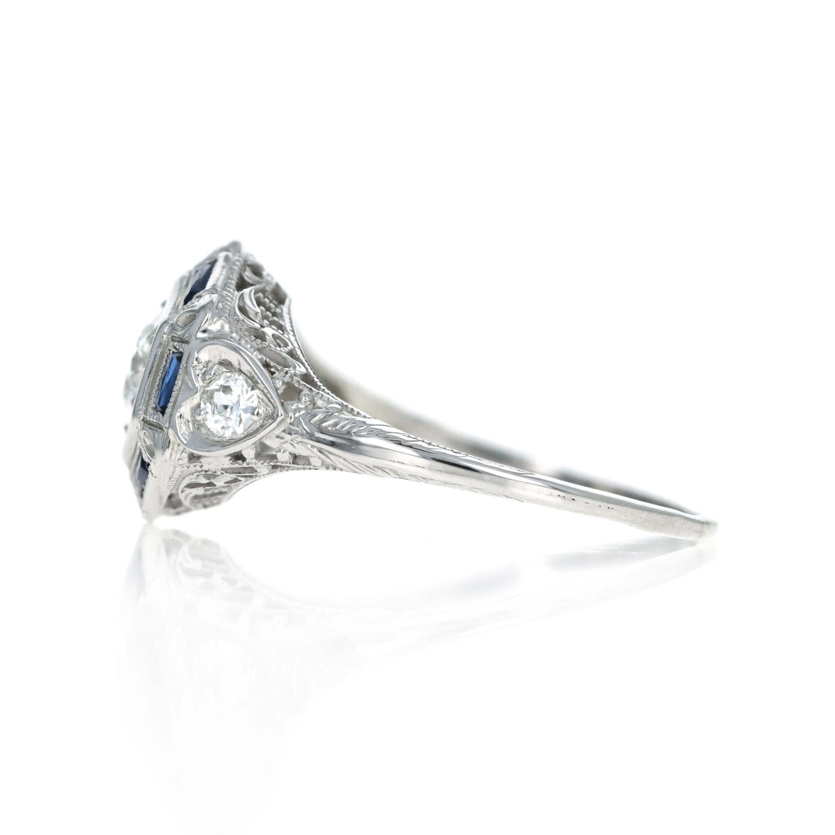 Art Deco 18K White Gold Diamond & Sapphire Filigree Engagement Ring