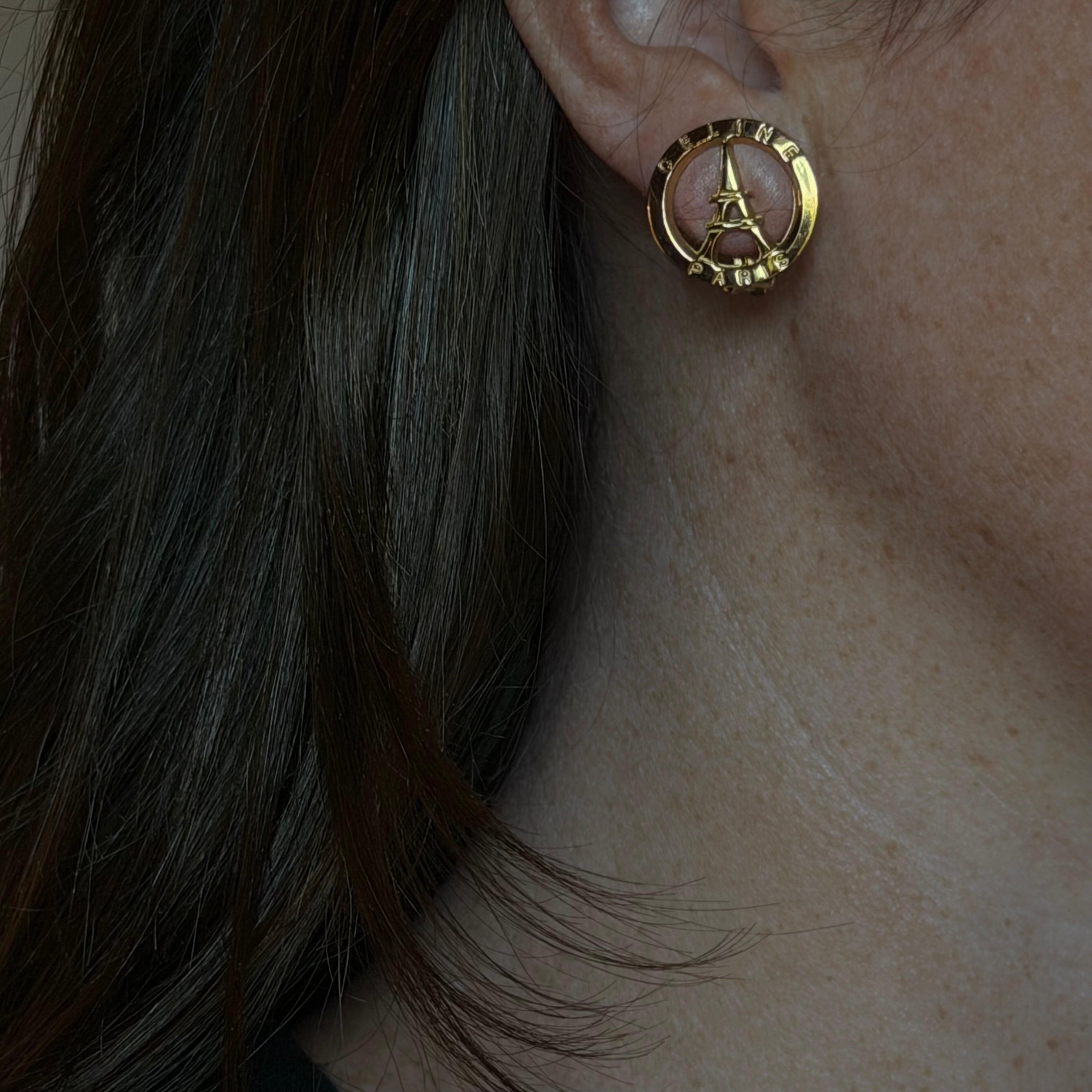 Celine Eiffel Tower Motif Round Clip On Earrings
