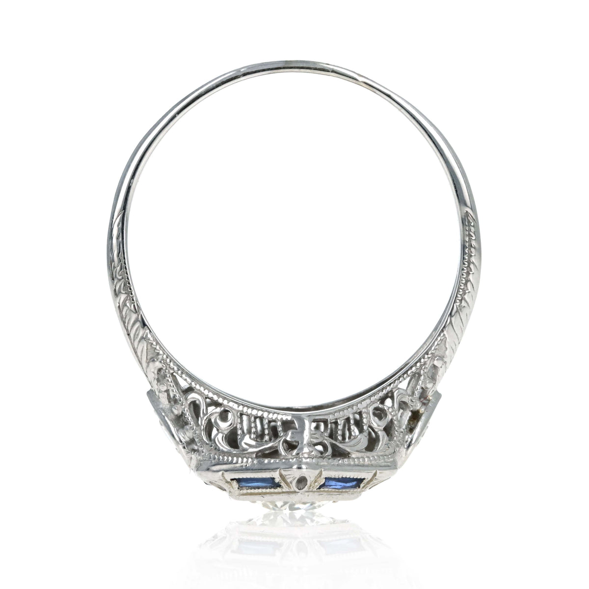 Art Deco 18K White Gold Diamond & Sapphire Filigree Engagement Ring