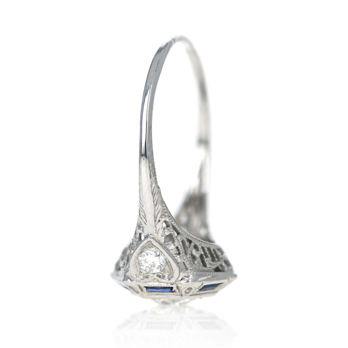 Art Deco 18K White Gold Diamond & Sapphire Filigree Engagement Ring