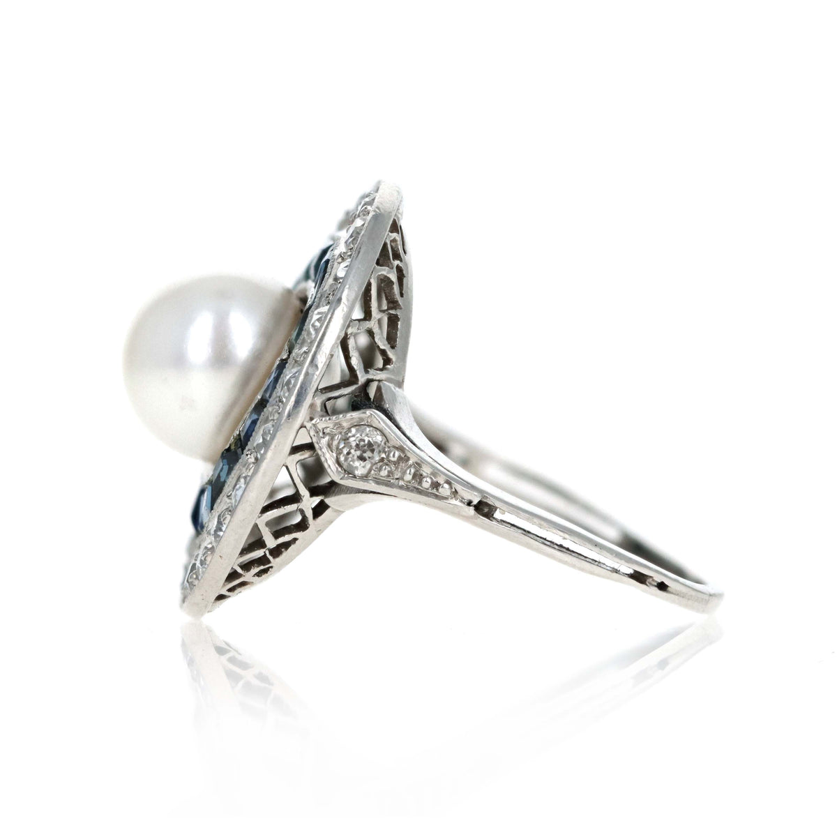 Art Deco Platinum Pearl, Sapphire & Diamond Halo Ring