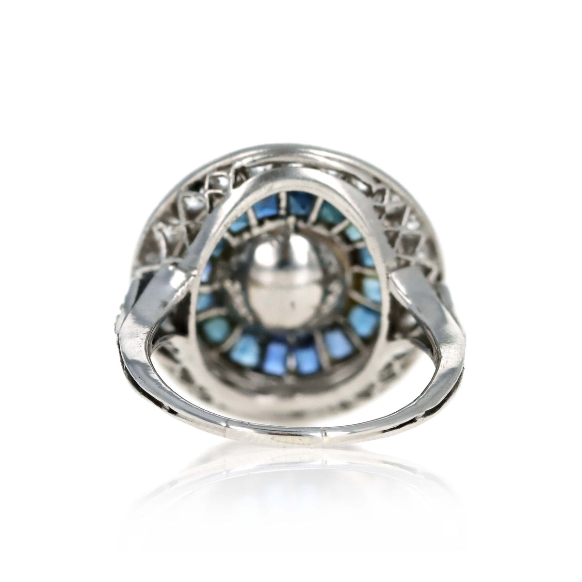Art Deco Platinum Pearl, Sapphire & Diamond Halo Ring