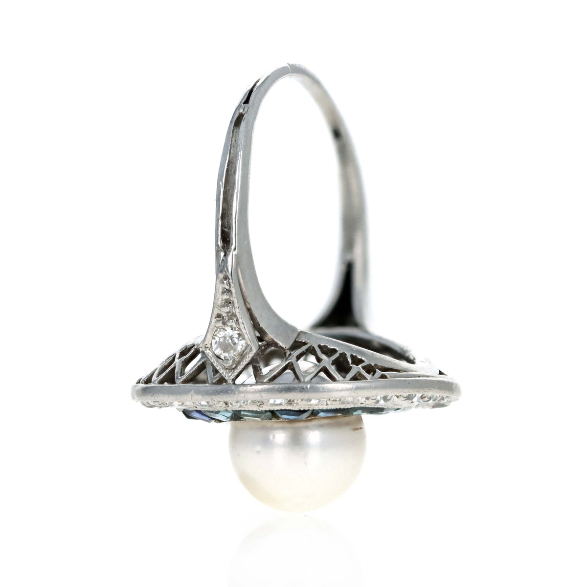 Art Deco Platinum Pearl, Sapphire & Diamond Halo Ring