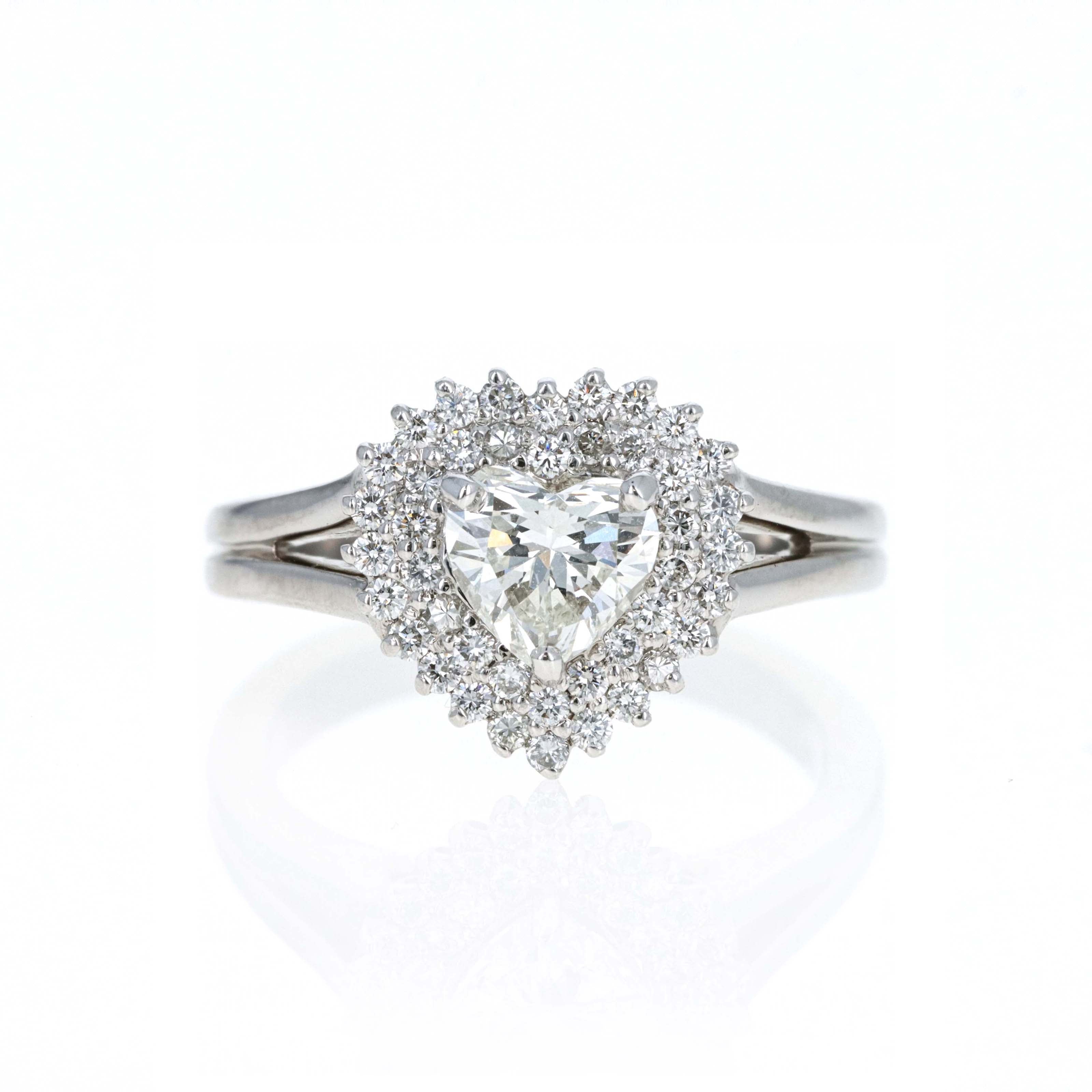 14K White Gold 0.80 Carat Heart Shape Diamond Halo Split Shank Ring - Queen May