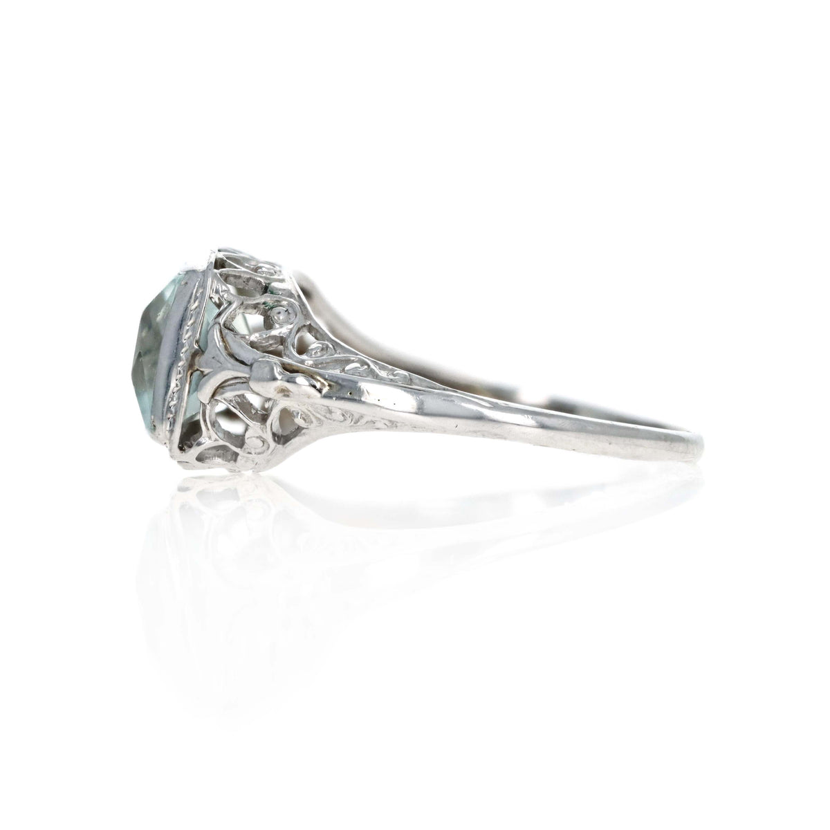 Art Deco 14K White Gold 2.5 Carat Aquamarine Filigree Ring