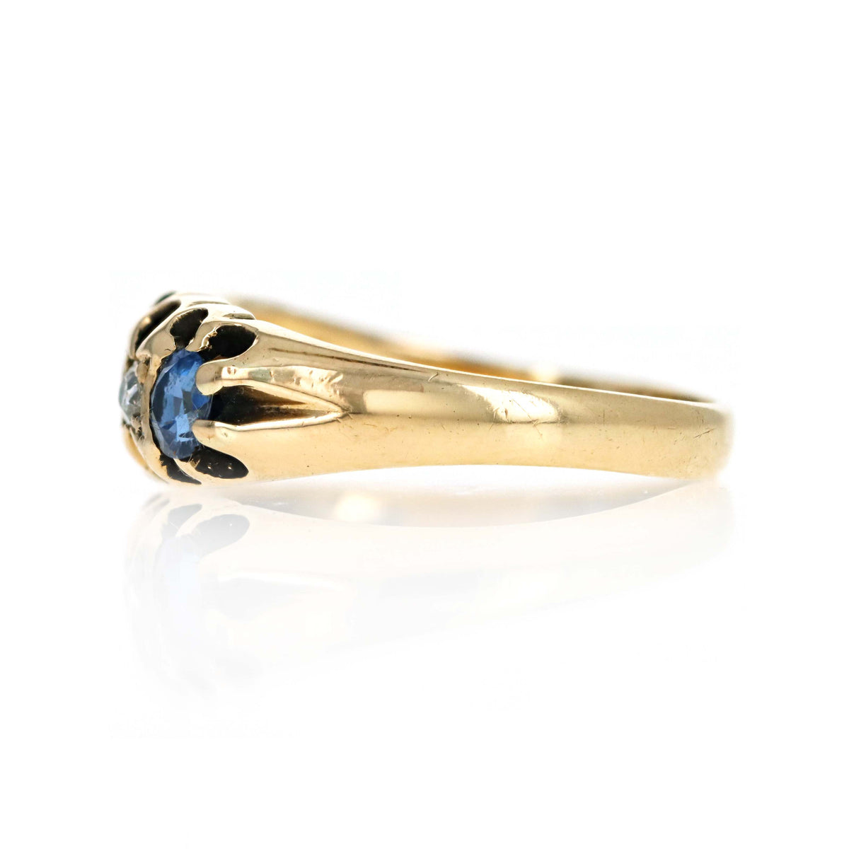 English Victorian 18K Yellow Gold Old Mine Cut Diamond & Sapphire Five Stone Ring