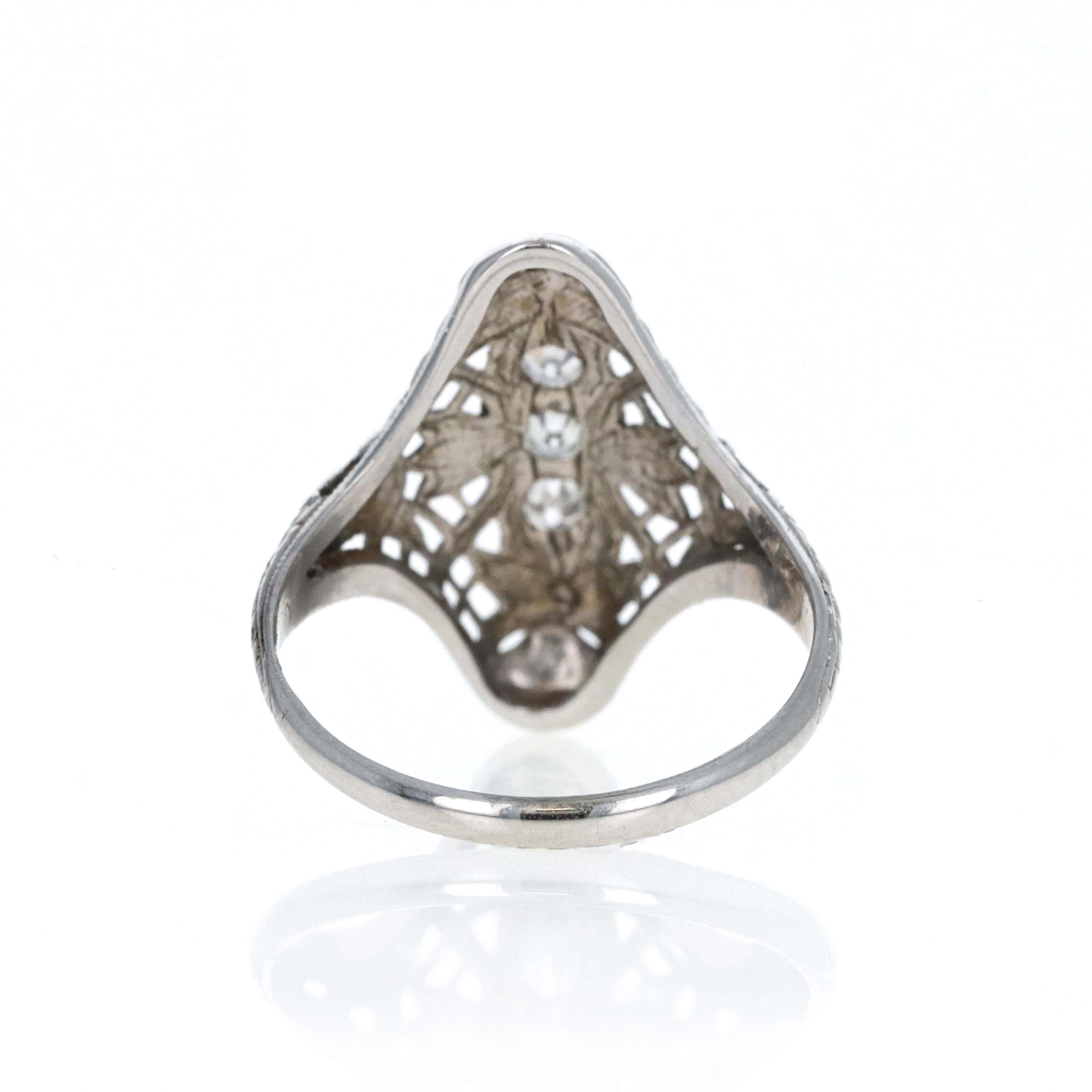 Art Deco 18K White Gold 0.15 Carat Single Cut Diamond Filigree Shield Ring