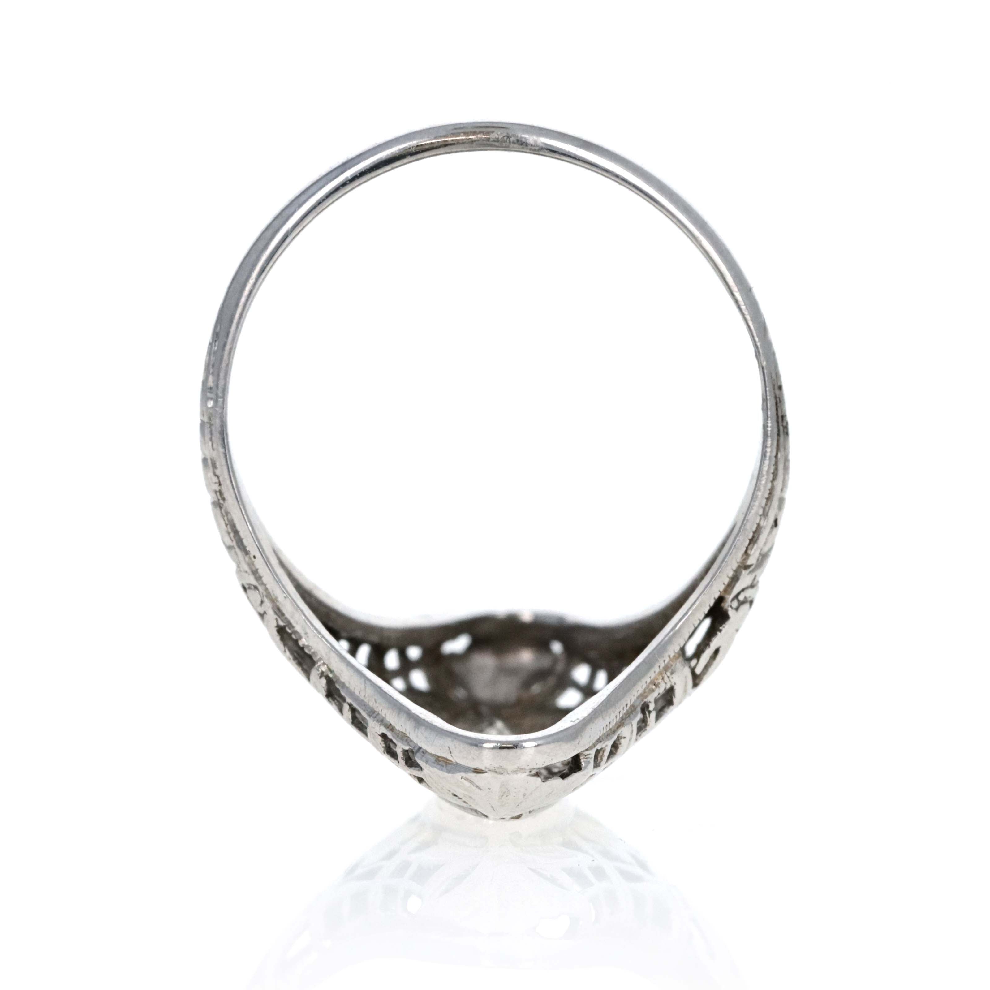 Art Deco 18K White Gold 0.15 Carat Single Cut Diamond Filigree Shield Ring