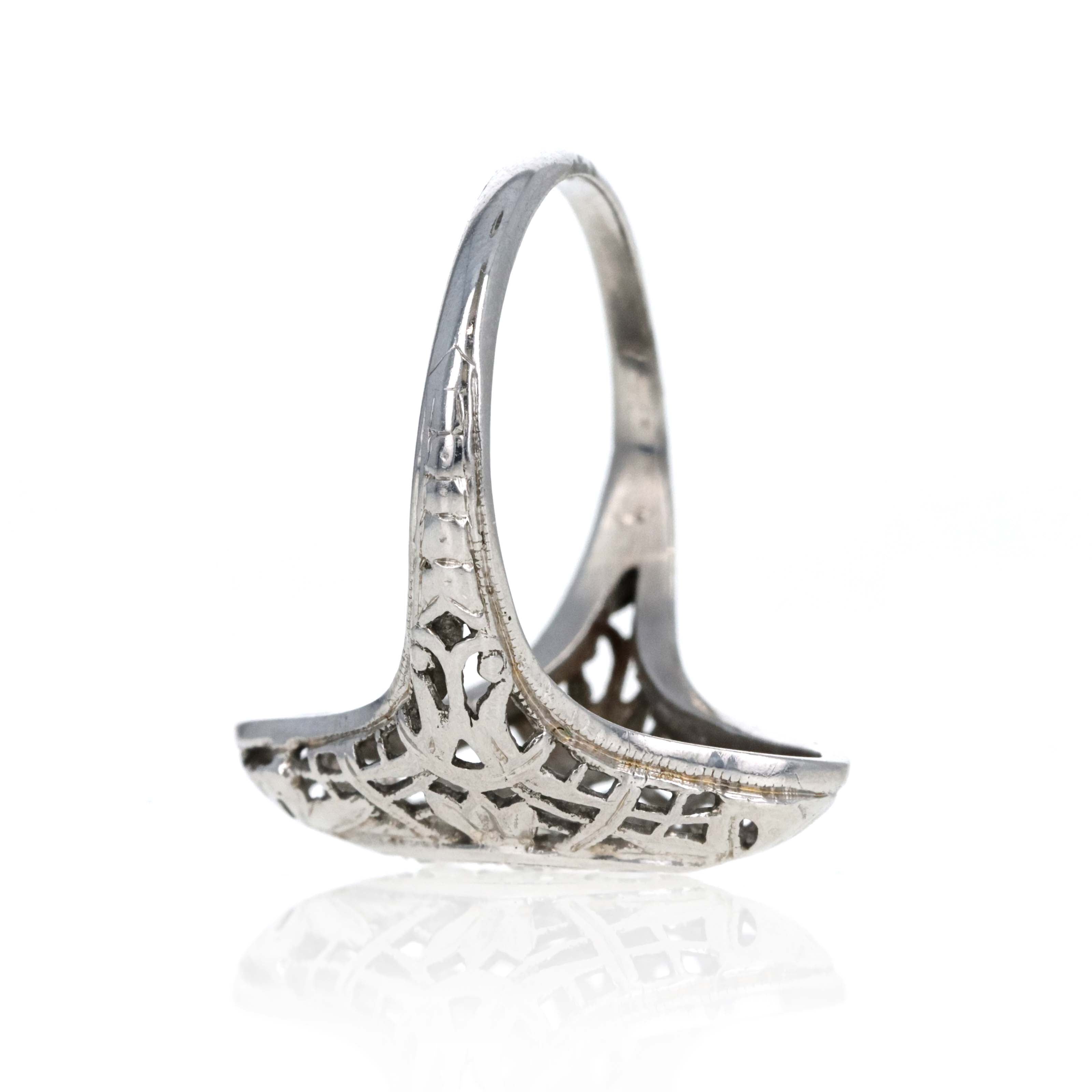 Art Deco 18K White Gold 0.15 Carat Single Cut Diamond Filigree Shield Ring