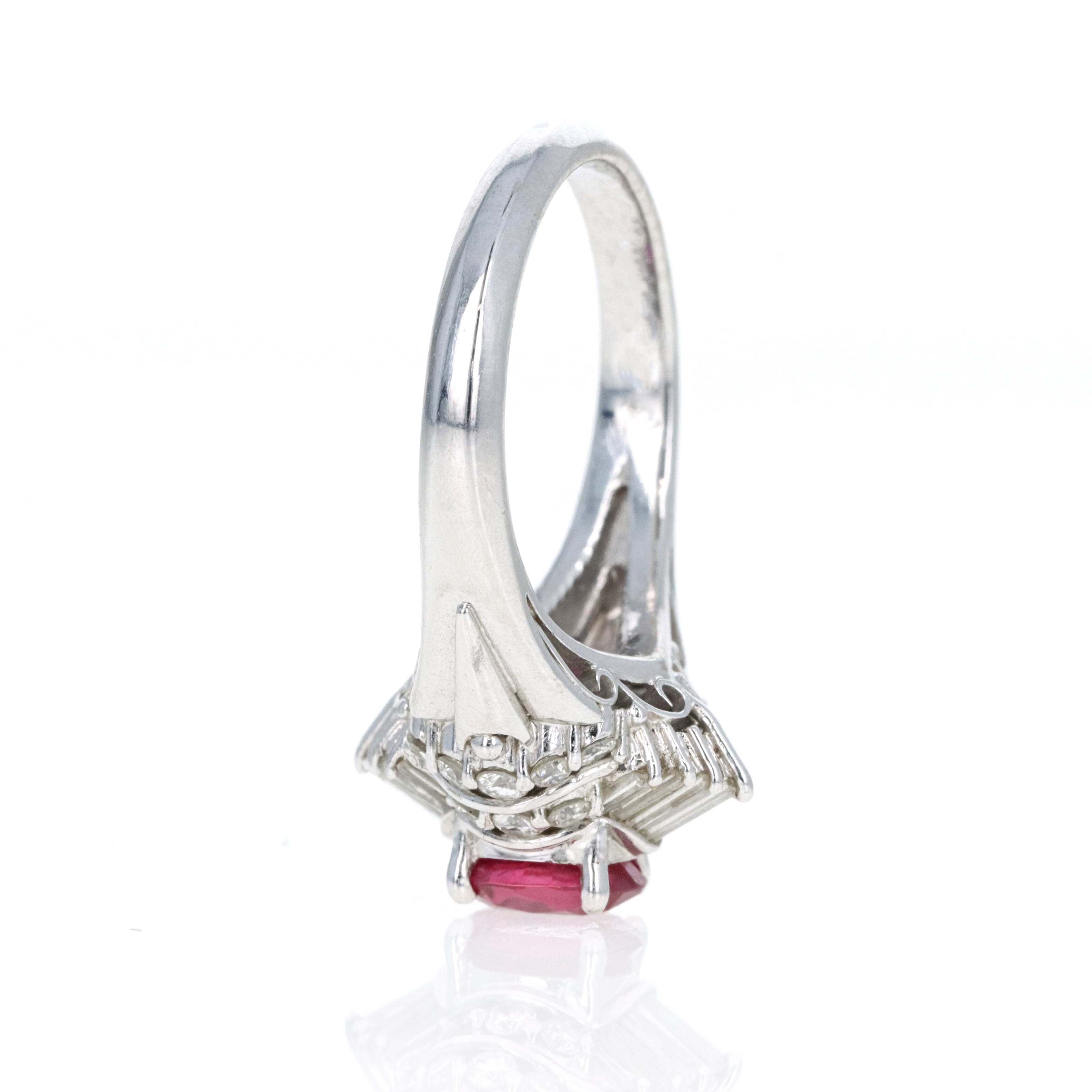 Platinum 1.03 Carat Oval Ruby Diamond Baguette Ballerina Fan Ring - Queen May