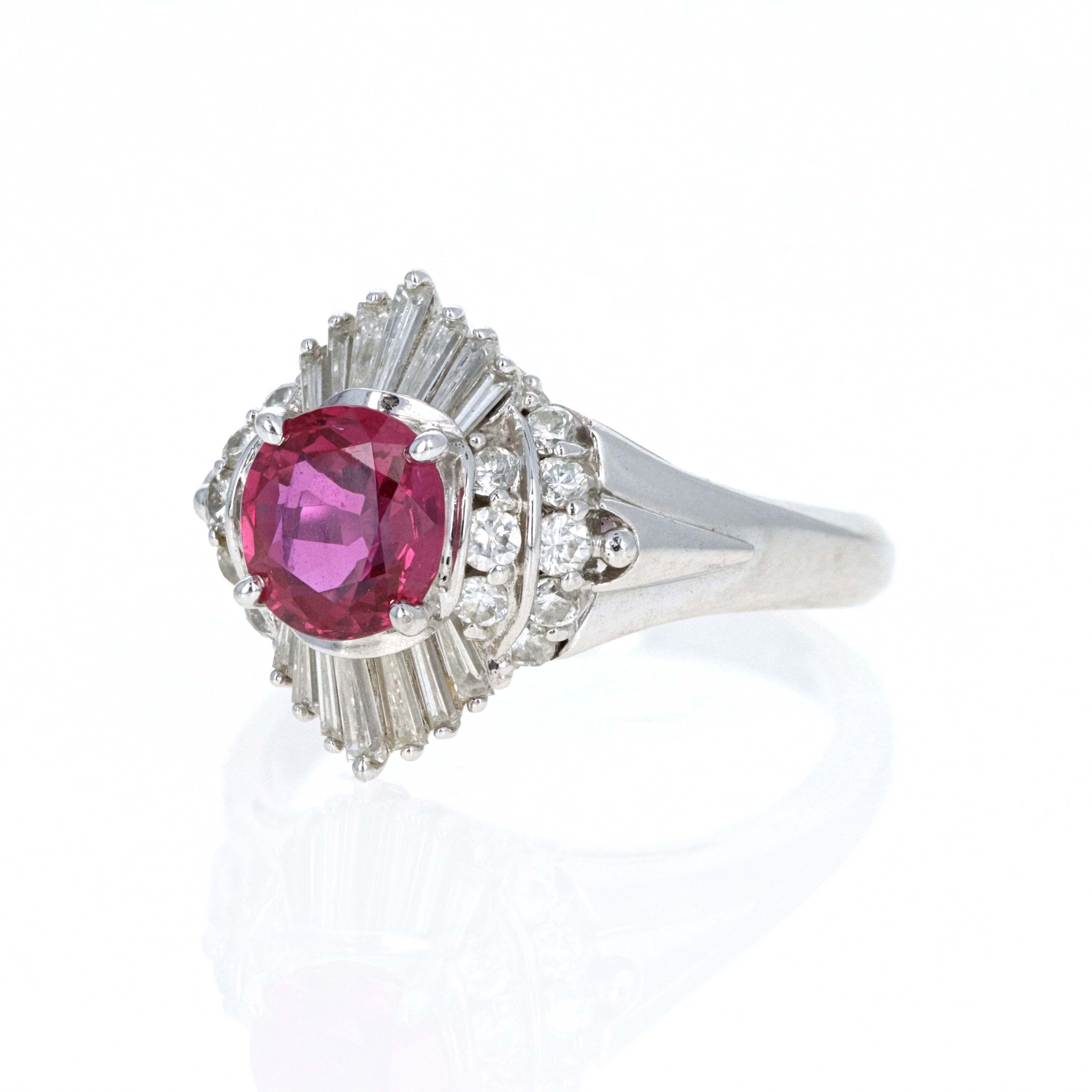 Platinum 1.03 Carat Oval Ruby Diamond Baguette Ballerina Fan Ring - Queen May