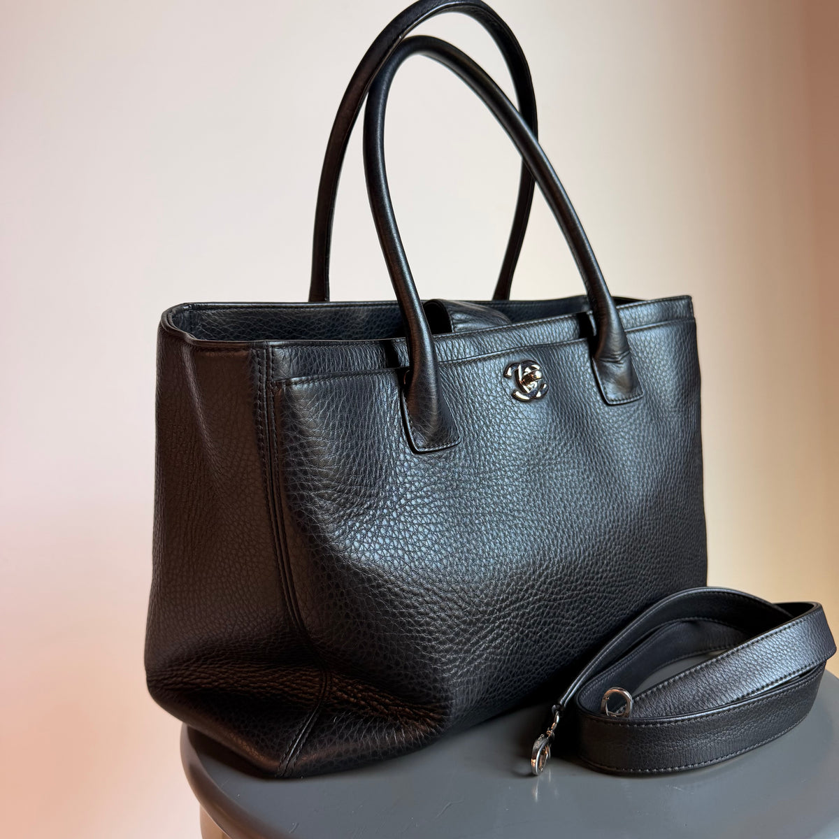 Chanel Large Black Calfskin Cerf Executive Shopper Tote Silver Hardware With Strap
