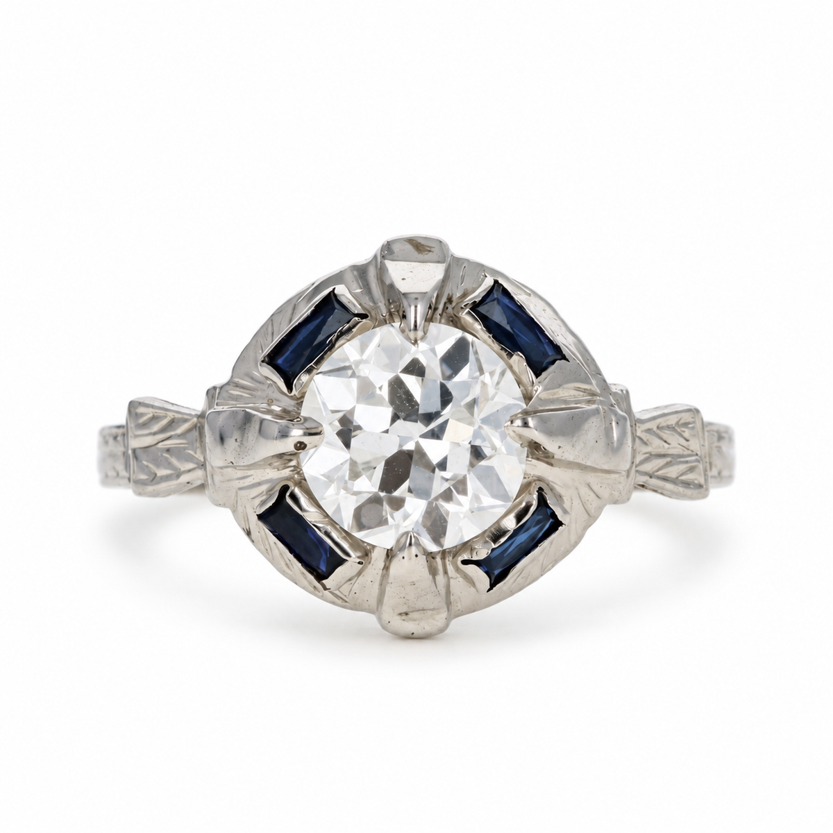 Art Deco 18K White Gold Old European Cut Diamond & Sapphire Ring - Queen May