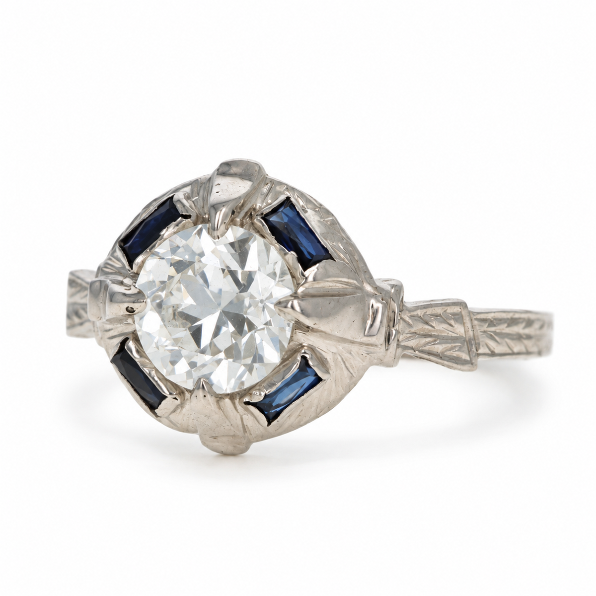 Art Deco 18K White Gold Old European Cut Diamond & Sapphire Ring - Queen May
