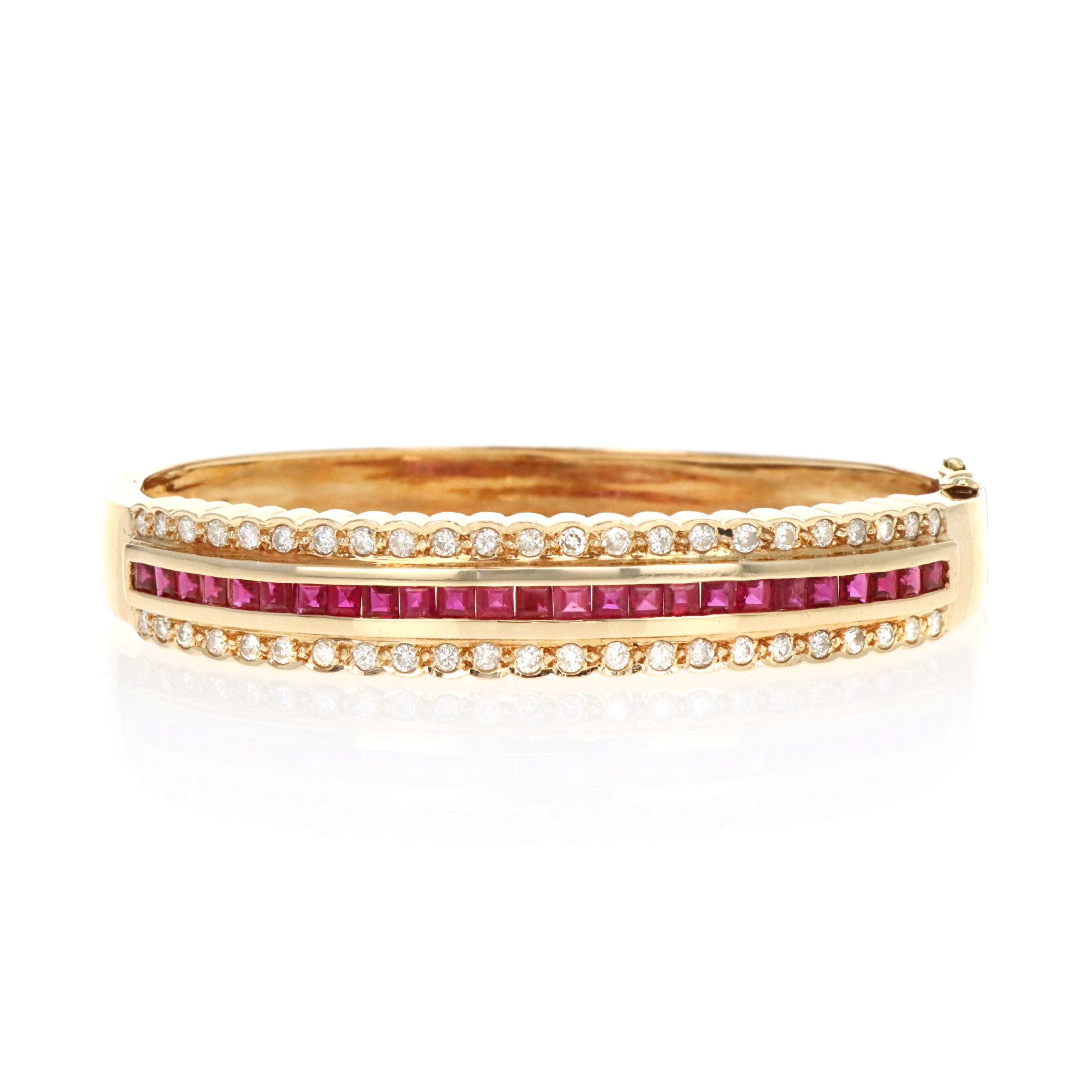 14K Yellow Gold 3 Carat Ruby Diamond Scalloped Channel Bangle - Queen May