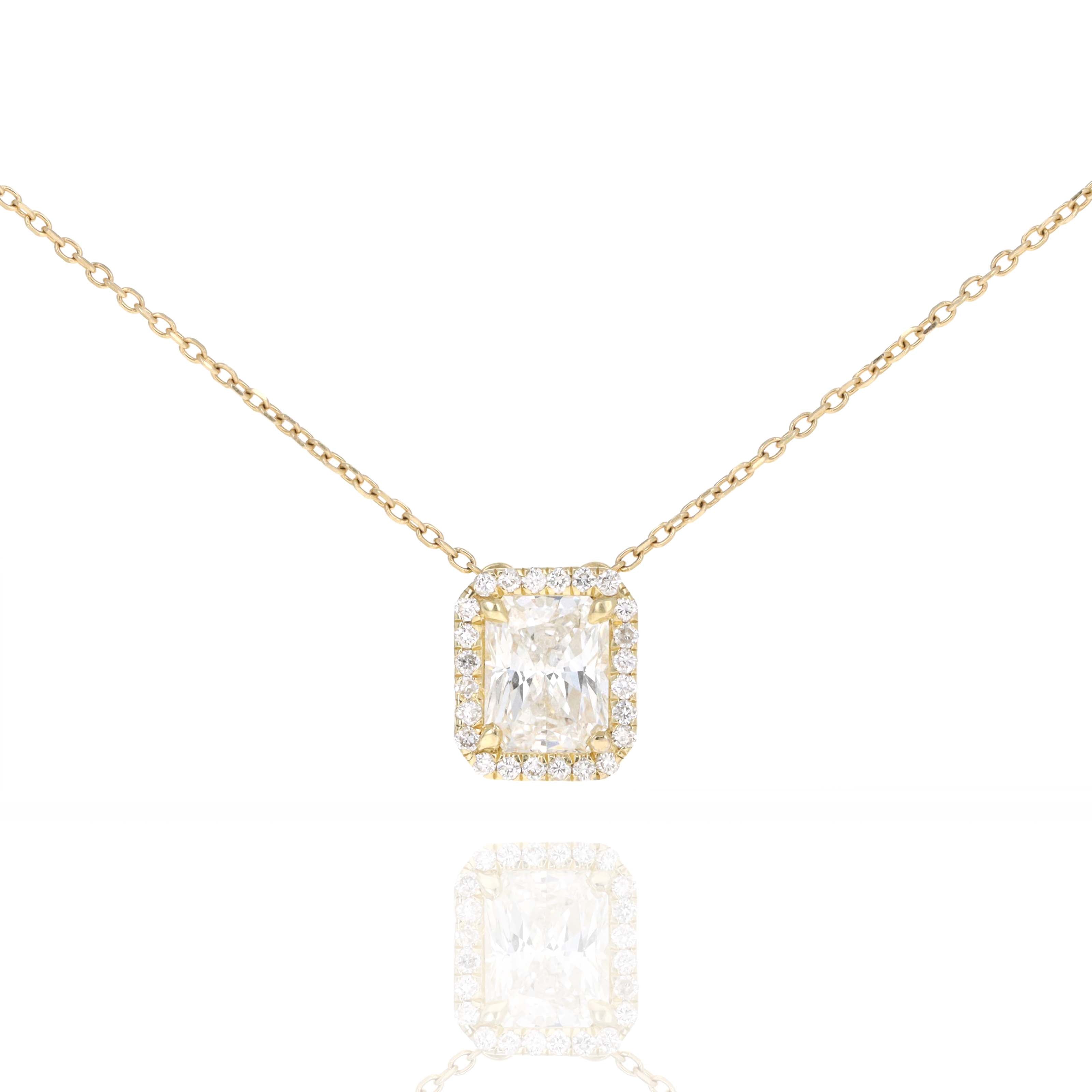 18K Yellow Gold 1.31 Carat Radiant Diamond Halo Pendant Necklace - Queen May