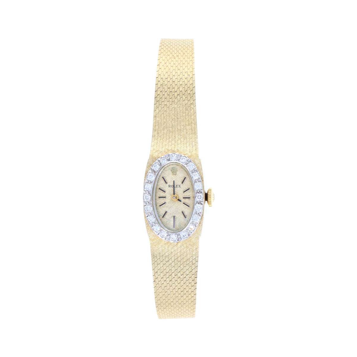 Vintage Rolex Ladies 14K Yellow Gold Diamond Bezel Oval Shaped Mechanical Movement Watch