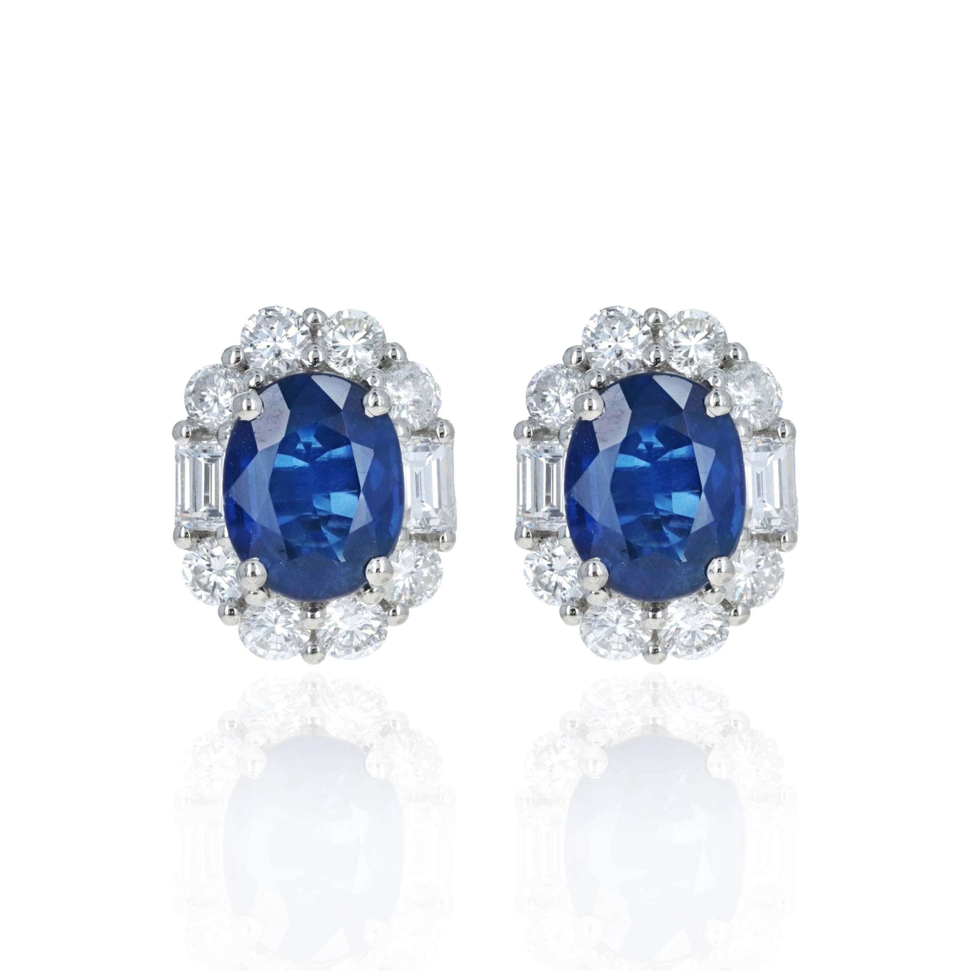 Platinum 4.08 Carat Oval Sapphire Diamond Baguette Halo Stud Earrings - Queen May