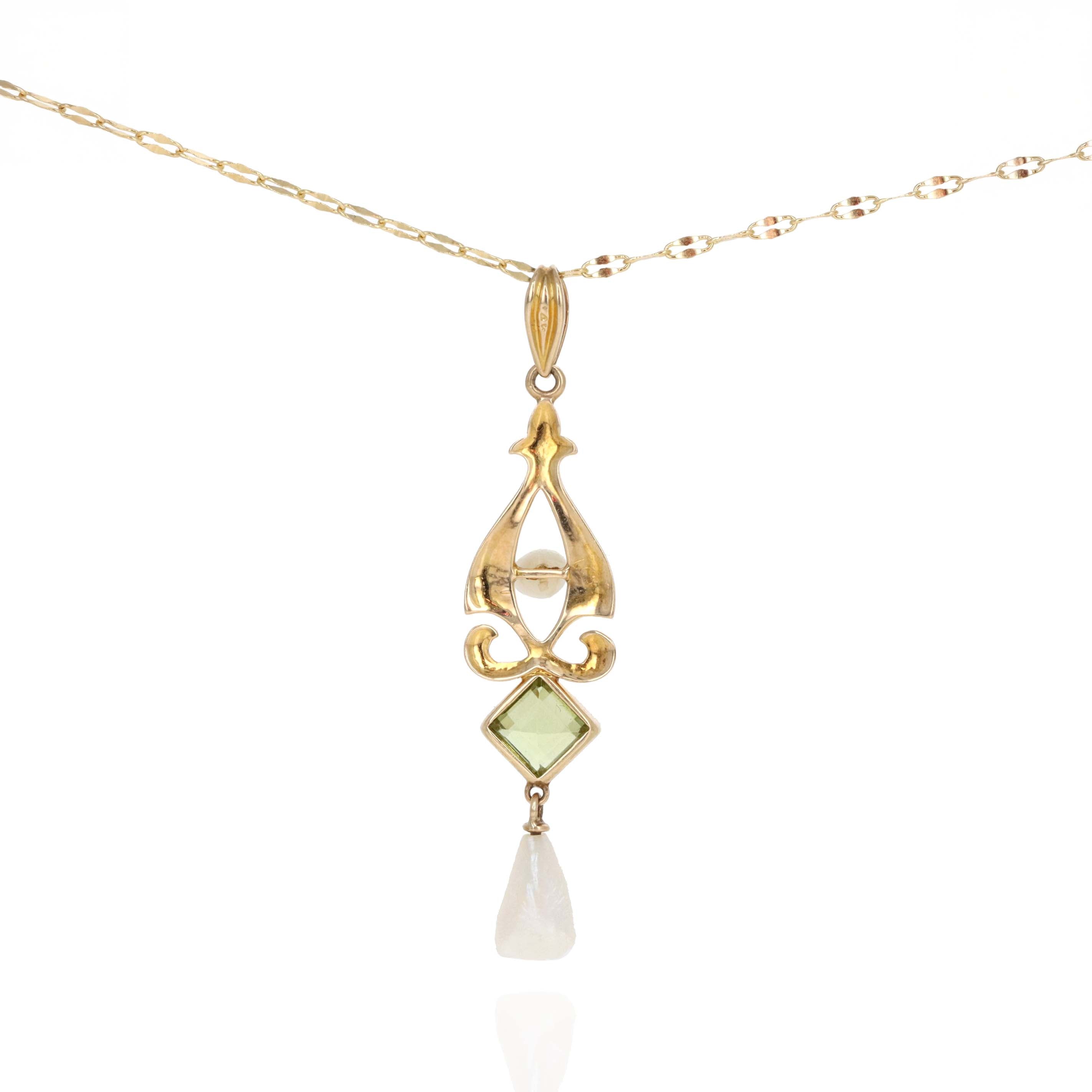 Art Nouveau 14K Yellow Gold Peridot Natural Pearl Pendant Necklace - Queen May