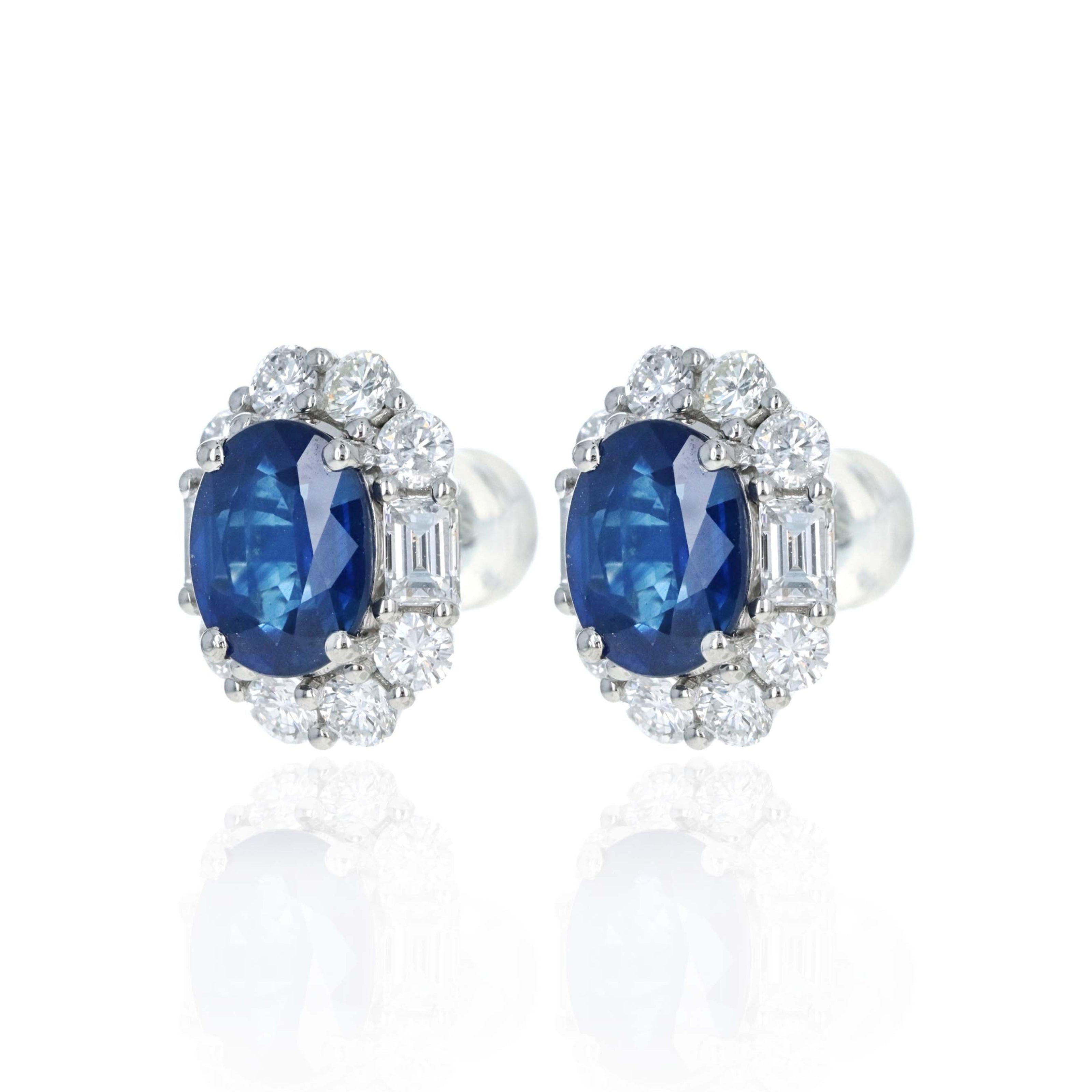 Platinum 4.08 Carat Oval Sapphire Diamond Baguette Halo Stud Earrings - Queen May