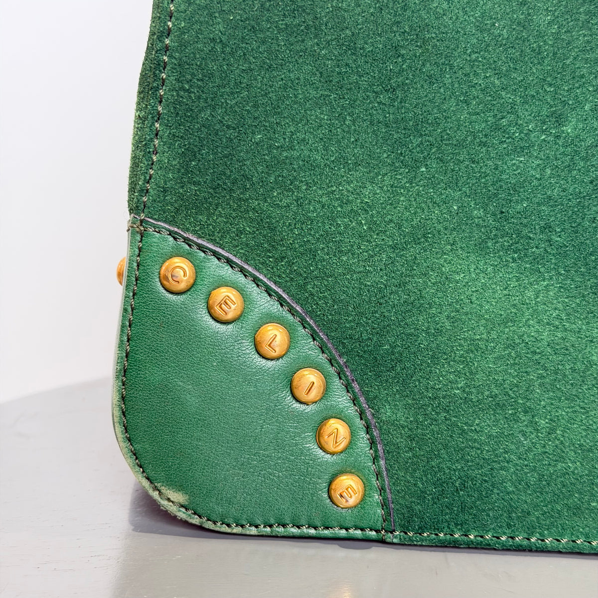 Vintage Celine Top Handle Suede Box Bag Forest Green
