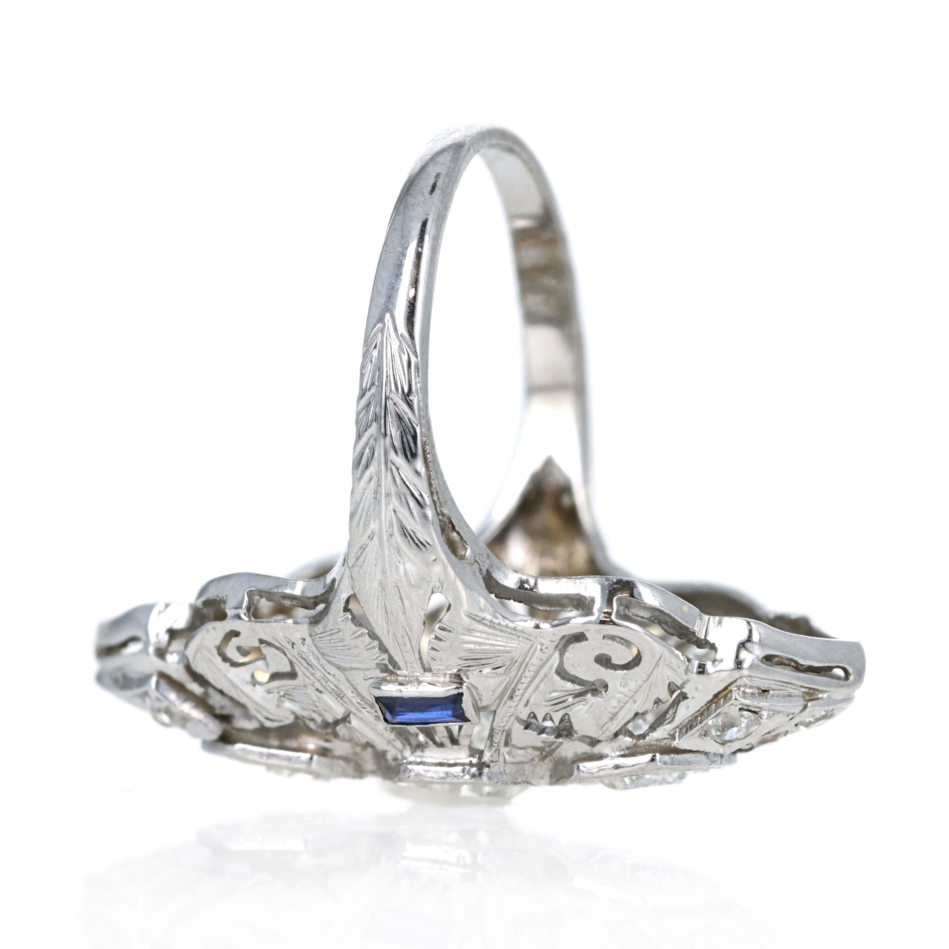 Art Deco 18K White Gold 0.50 Carat Old European Cut Diamond & 0.10 Carat Synthetic Sapphire Shield Ring - Queen May