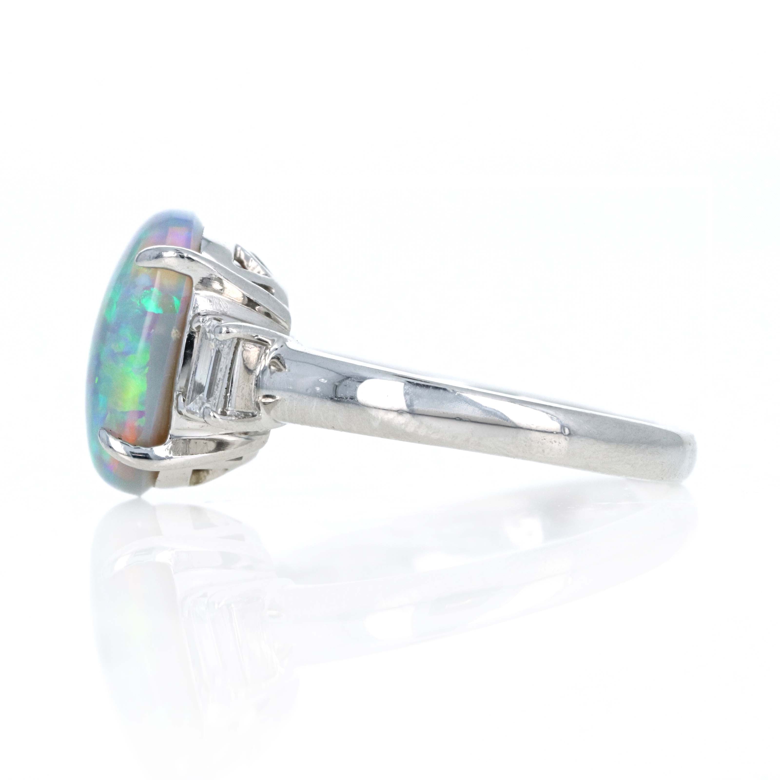 Platinum 3.22 Carat Oval Cabochon Opal Diamond Emerald Accented Ring - Queen May