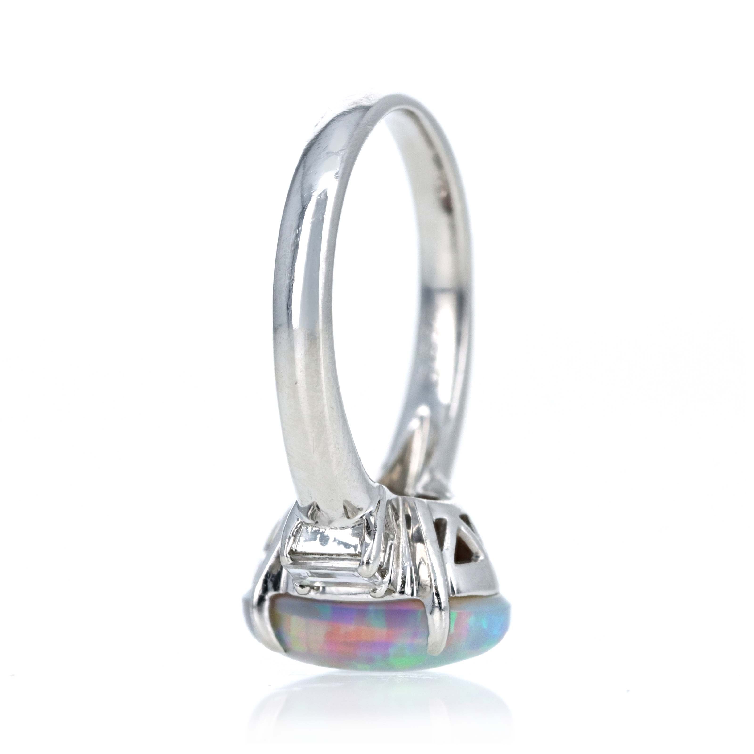 Platinum 3.22 Carat Oval Cabochon Opal Diamond Emerald Accented Ring - Queen May