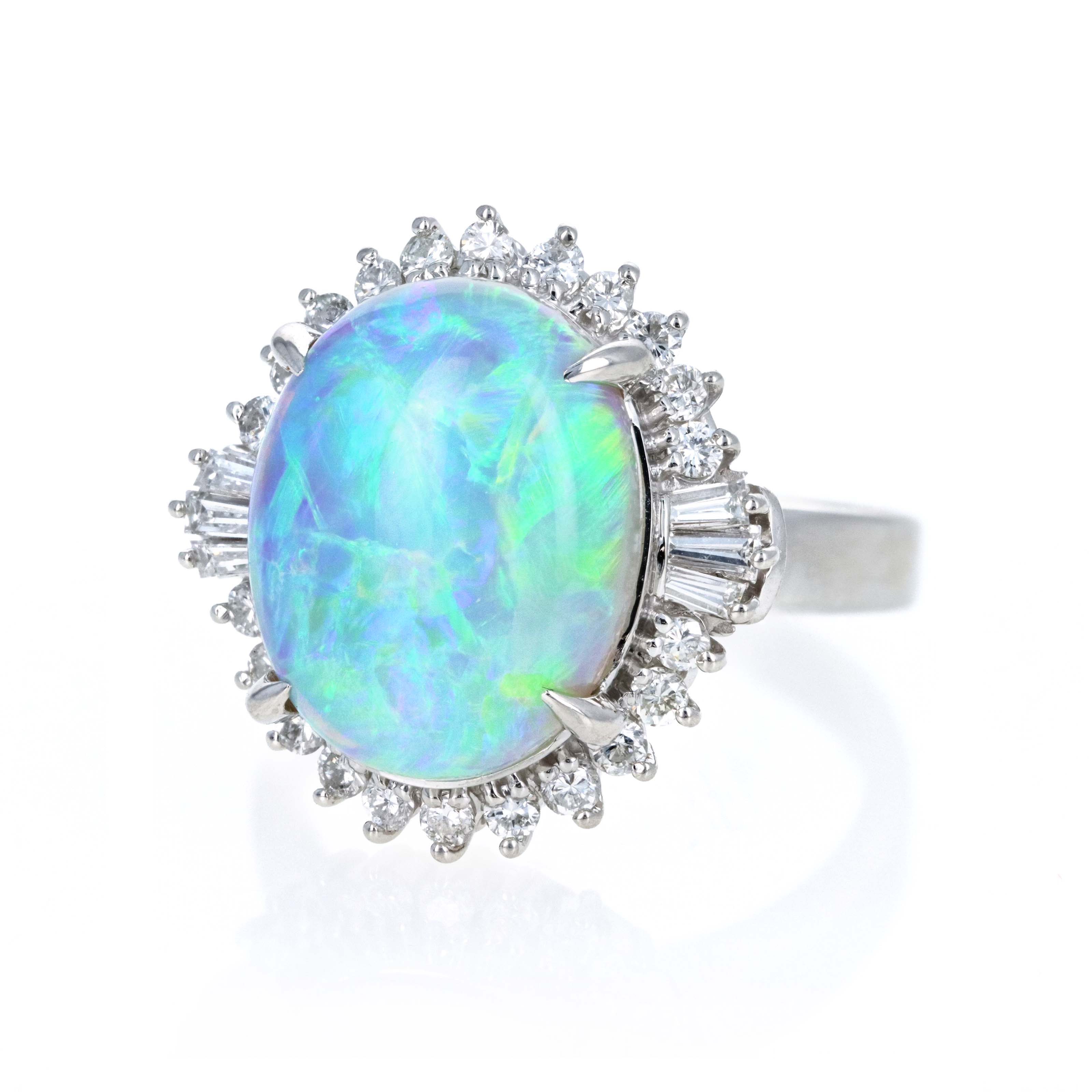 Platinum 5.91 Carat Oval Cabochon Opal Diamond Accented Fan Ring - Queen May
