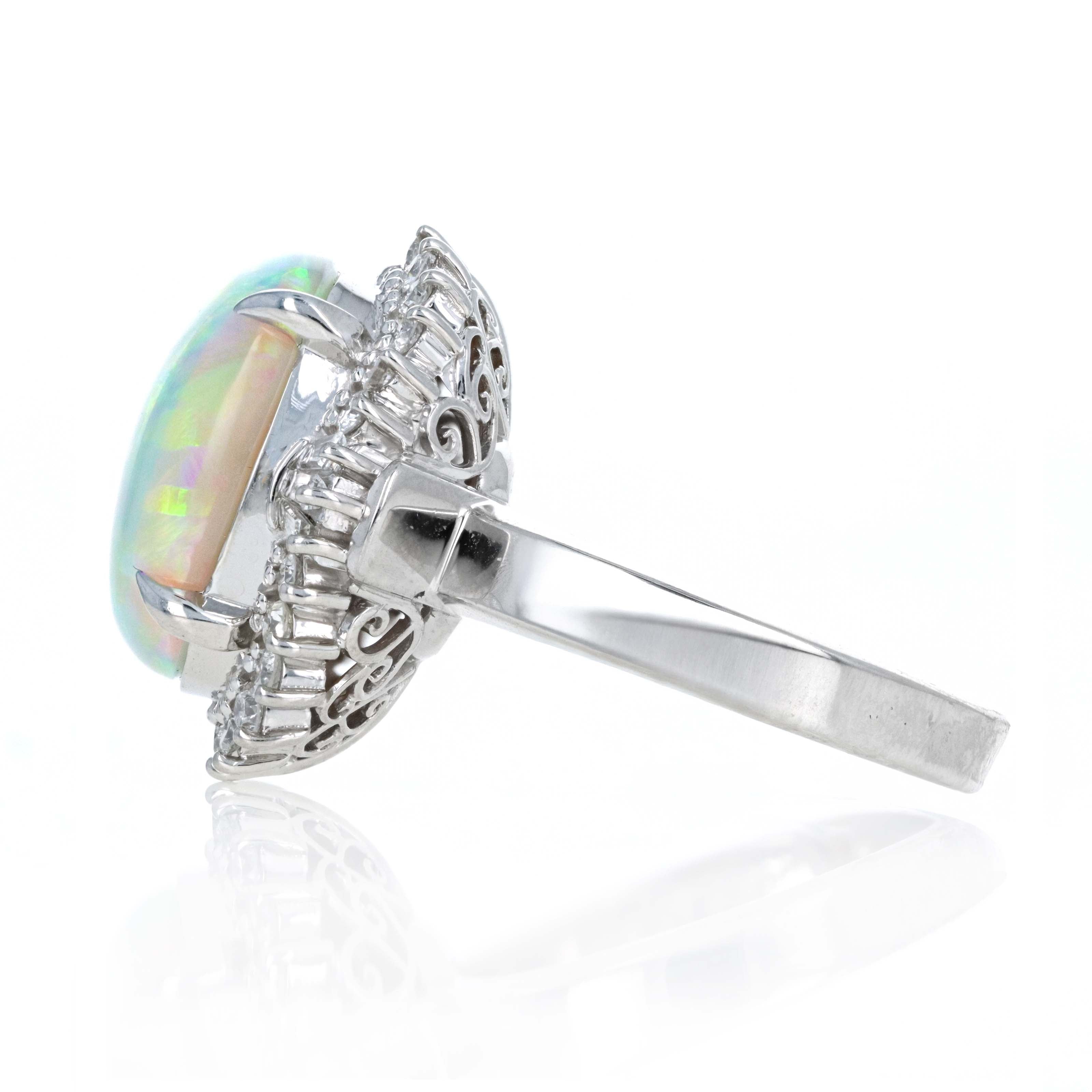 Platinum 5.91 Carat Oval Cabochon Opal Diamond Accented Fan Ring - Queen May