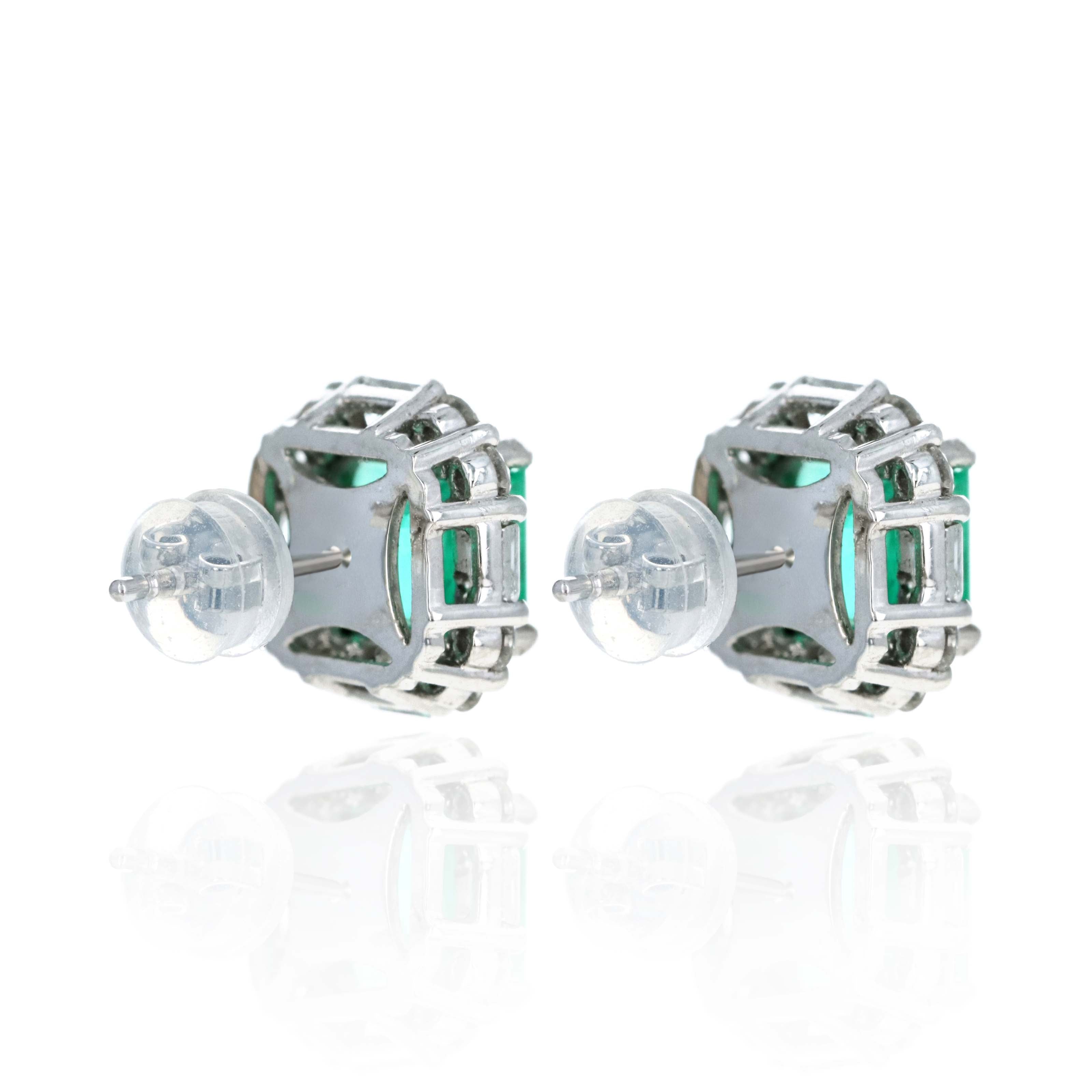 Platinum 3.72 Carat Emerald Cut Emerald & Diamond Halo Earrings - Queen May